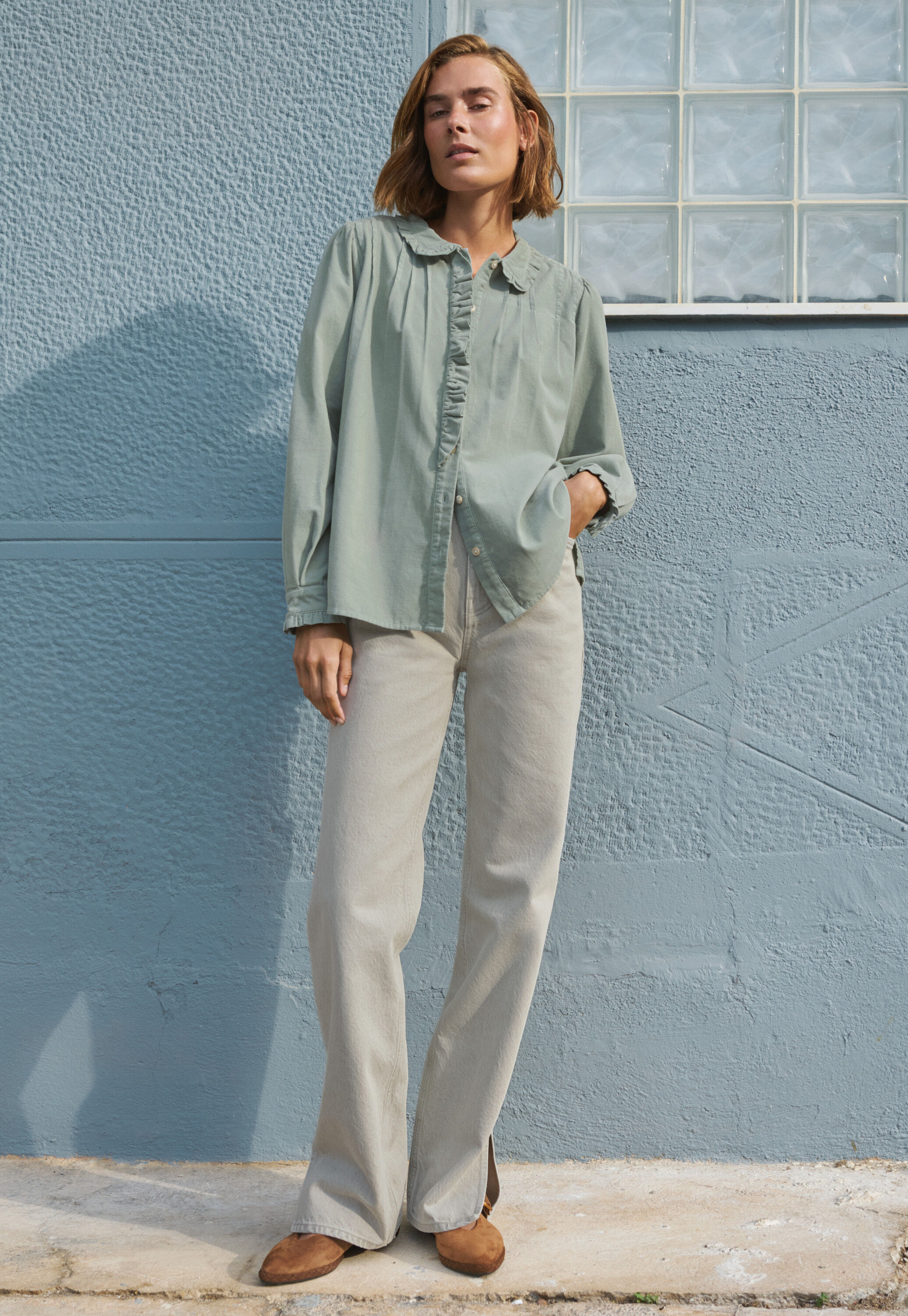 Faltenbluse aus Cord, Rauchiges Enteneiblau, large