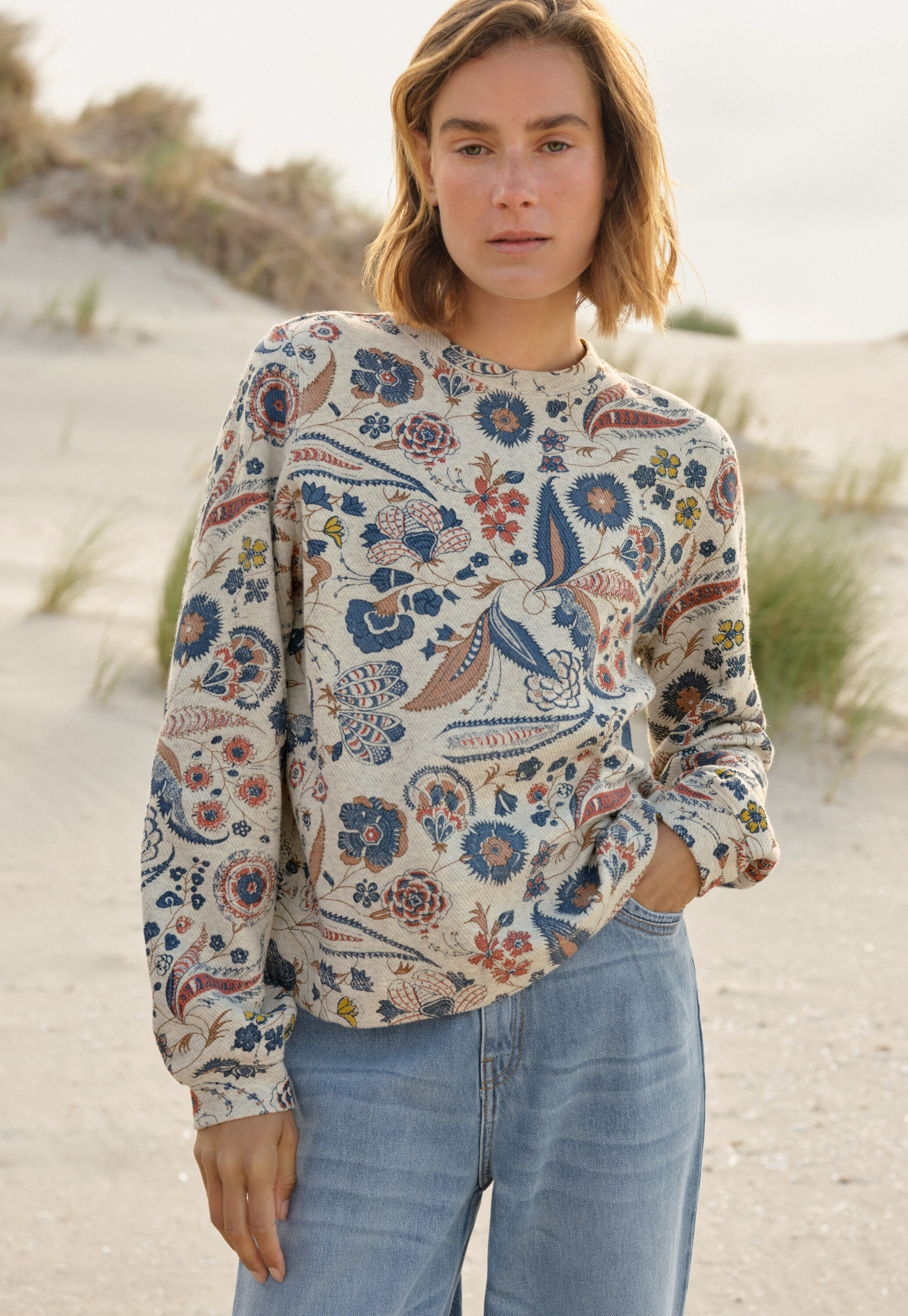 Bedrucktes Jersey-Sweatshirt, Perle/Denim, large