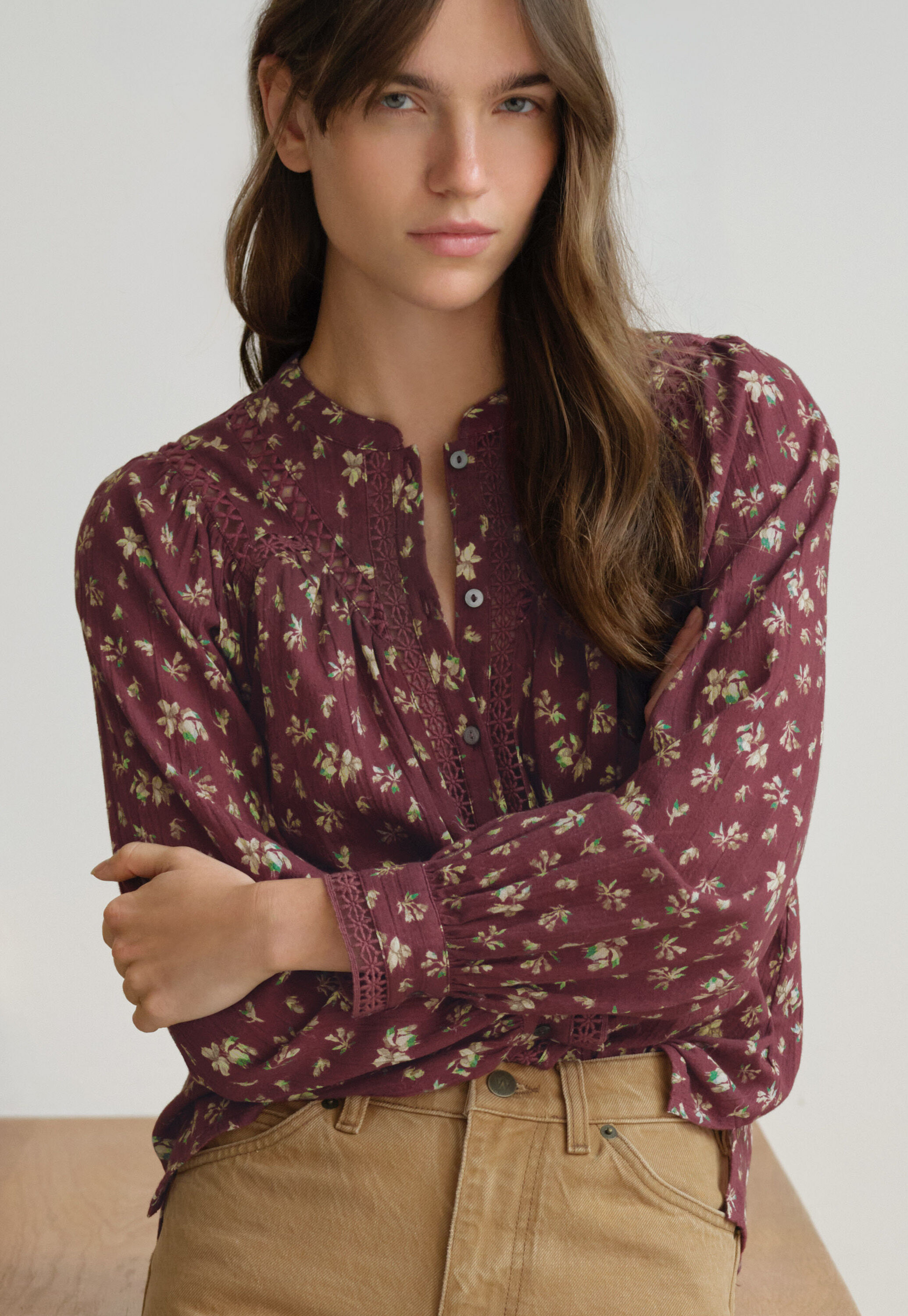 Gaze-Bluse mit Print, Wein, large