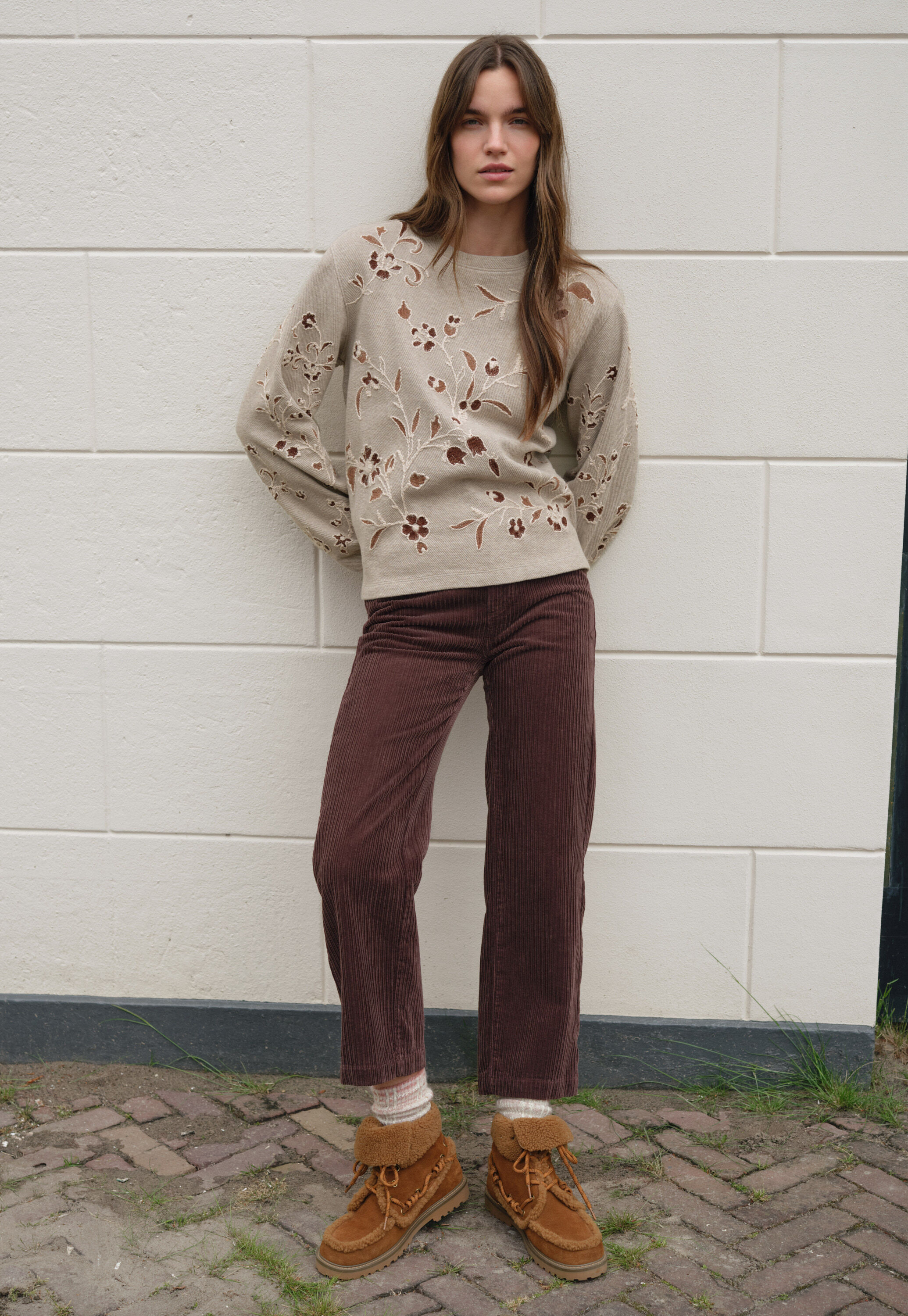 Besticktes Jersey-Oberteil, Helles Taupe, large