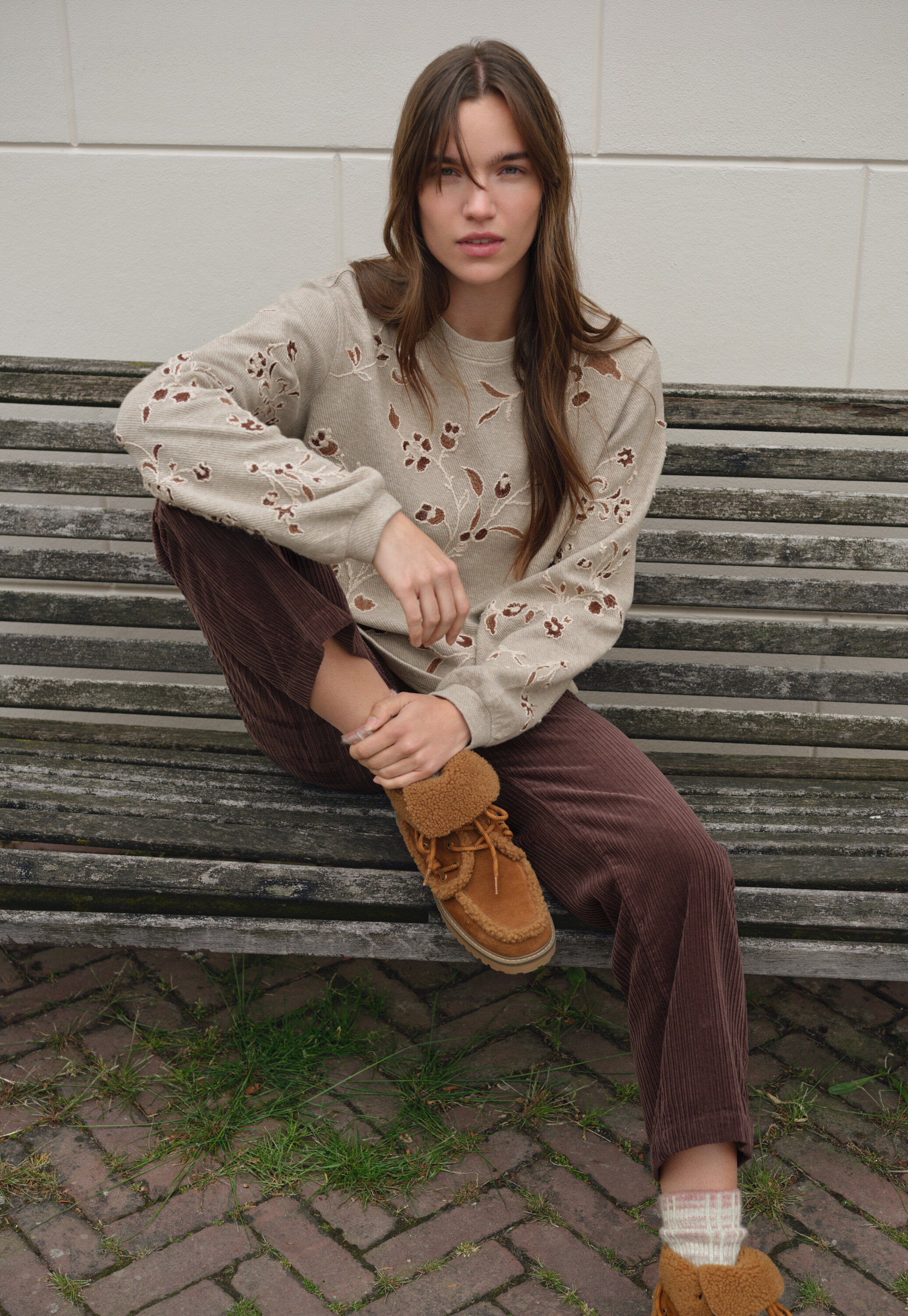 Besticktes Jersey-Oberteil, Helles Taupe, large