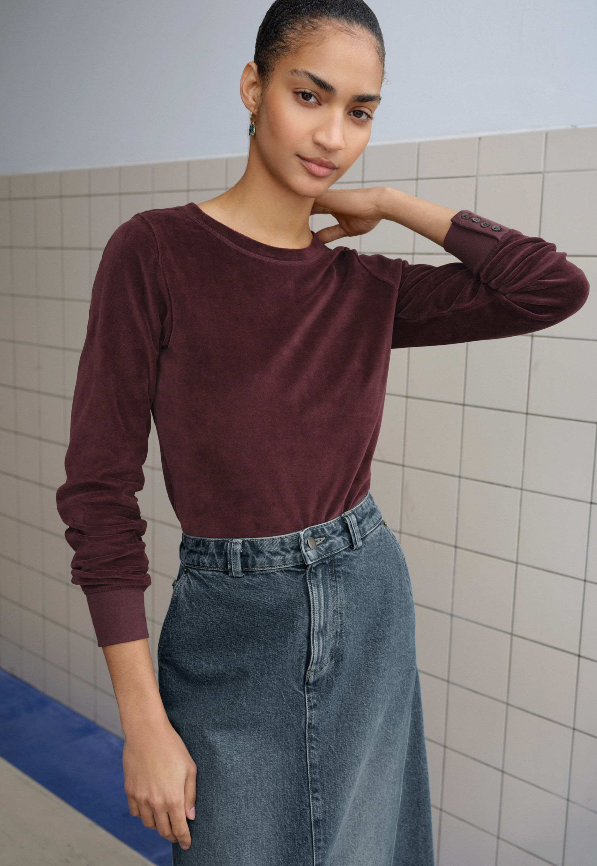 Velours-Oberteil, Dunkle Aubergine, large