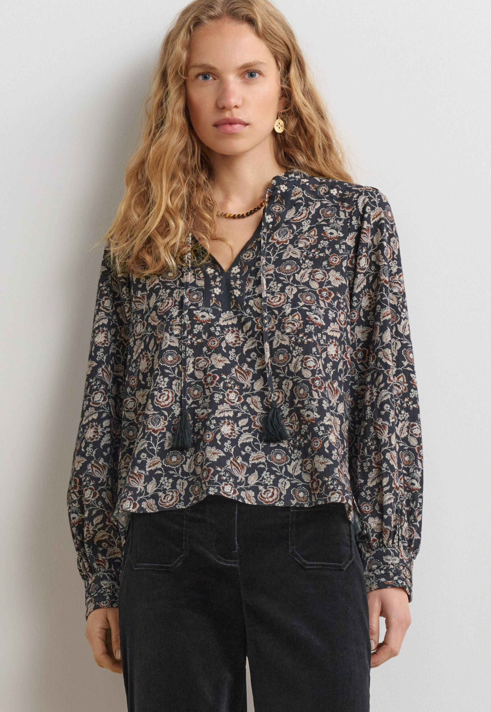 Bedruckte Bluse, Kohlschwarz/Mint, large