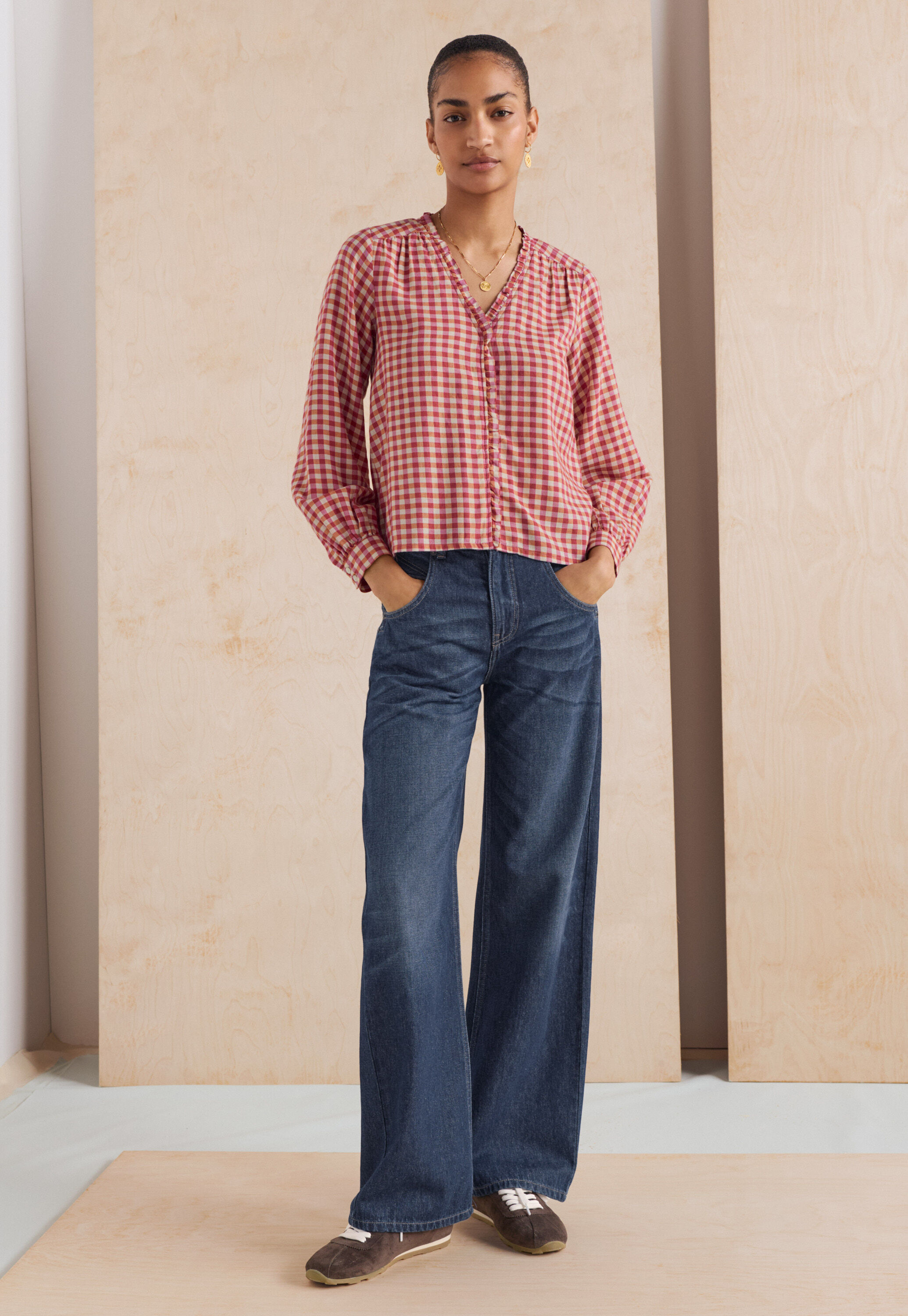Vichy-Karo-Bluse mit R&uuml;schen, Beere/Orange, large