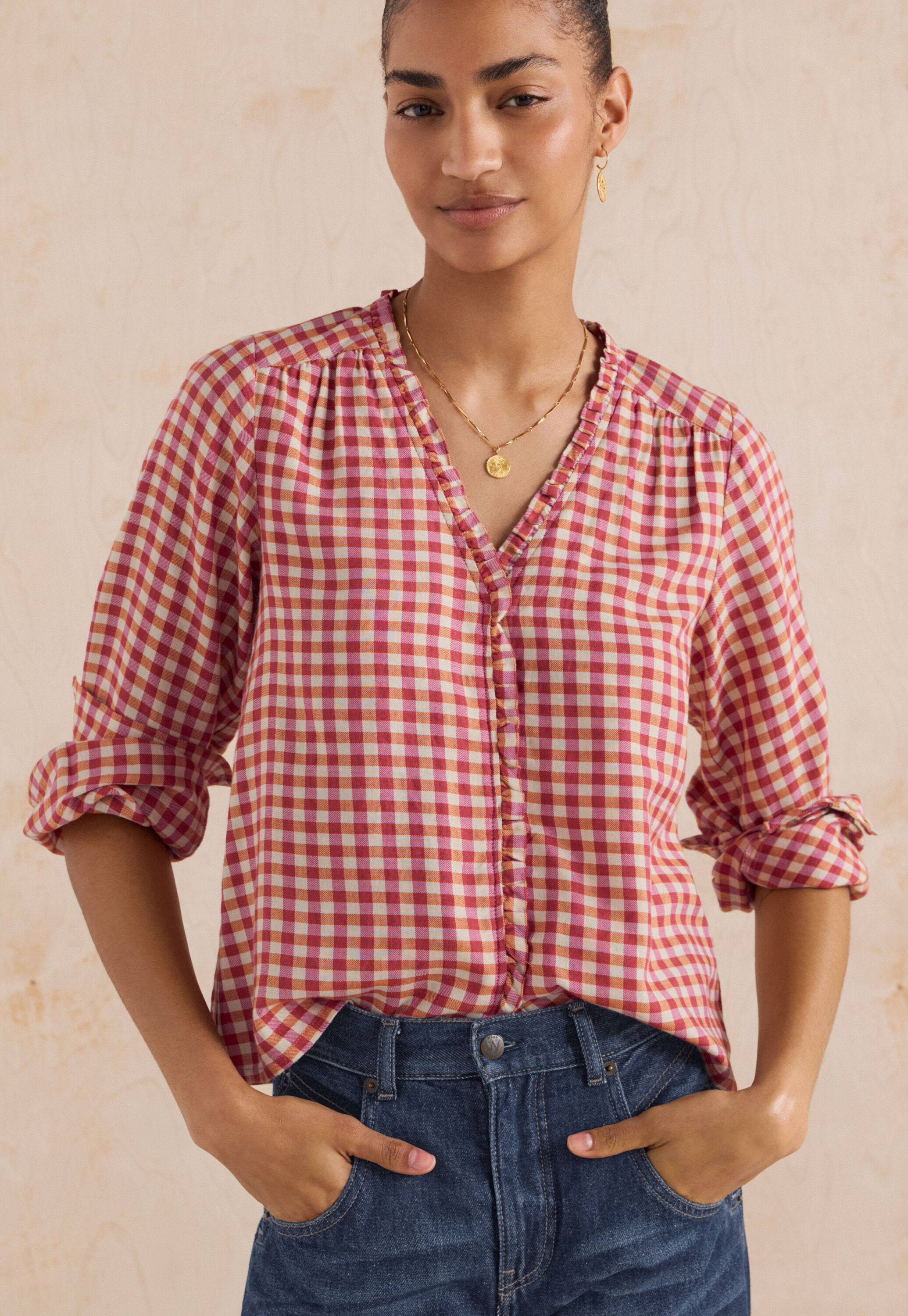 Vichy-Karo-Bluse mit R&uuml;schen, Beere/Orange, large
