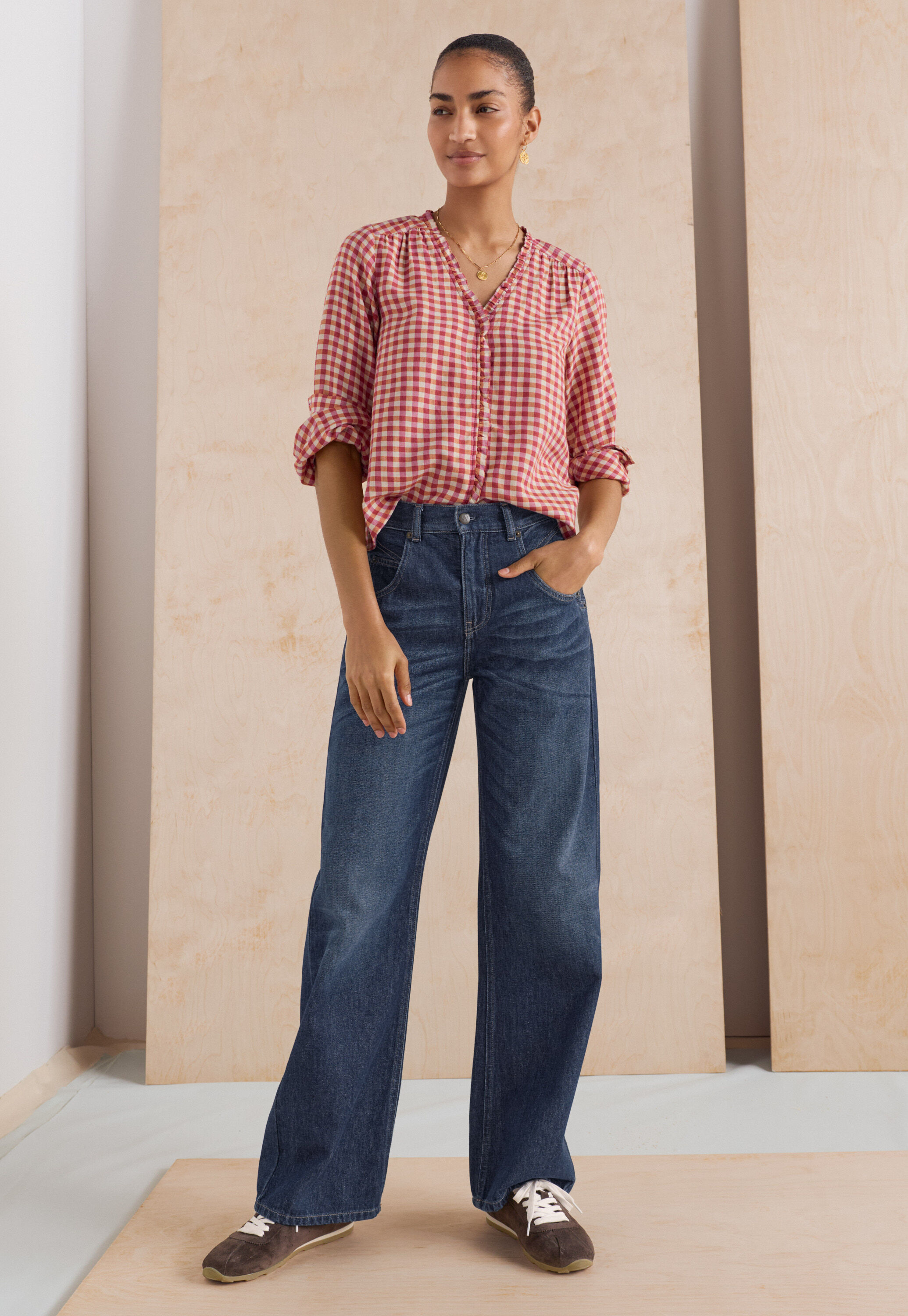Vichy-Karo-Bluse mit R&uuml;schen, Beere/Orange, large