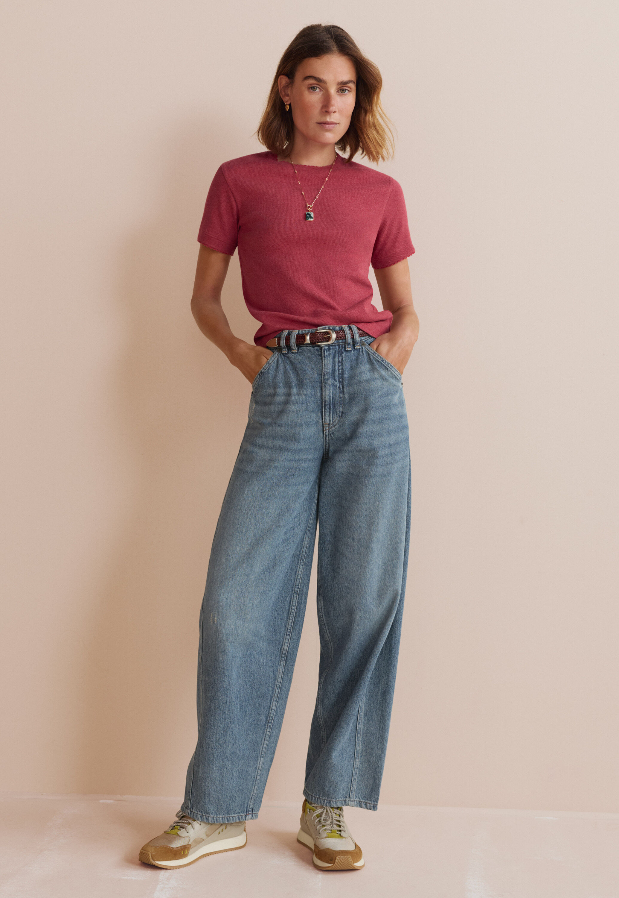 T-Shirt aus geripptem Jersey, Karmesinrot, large