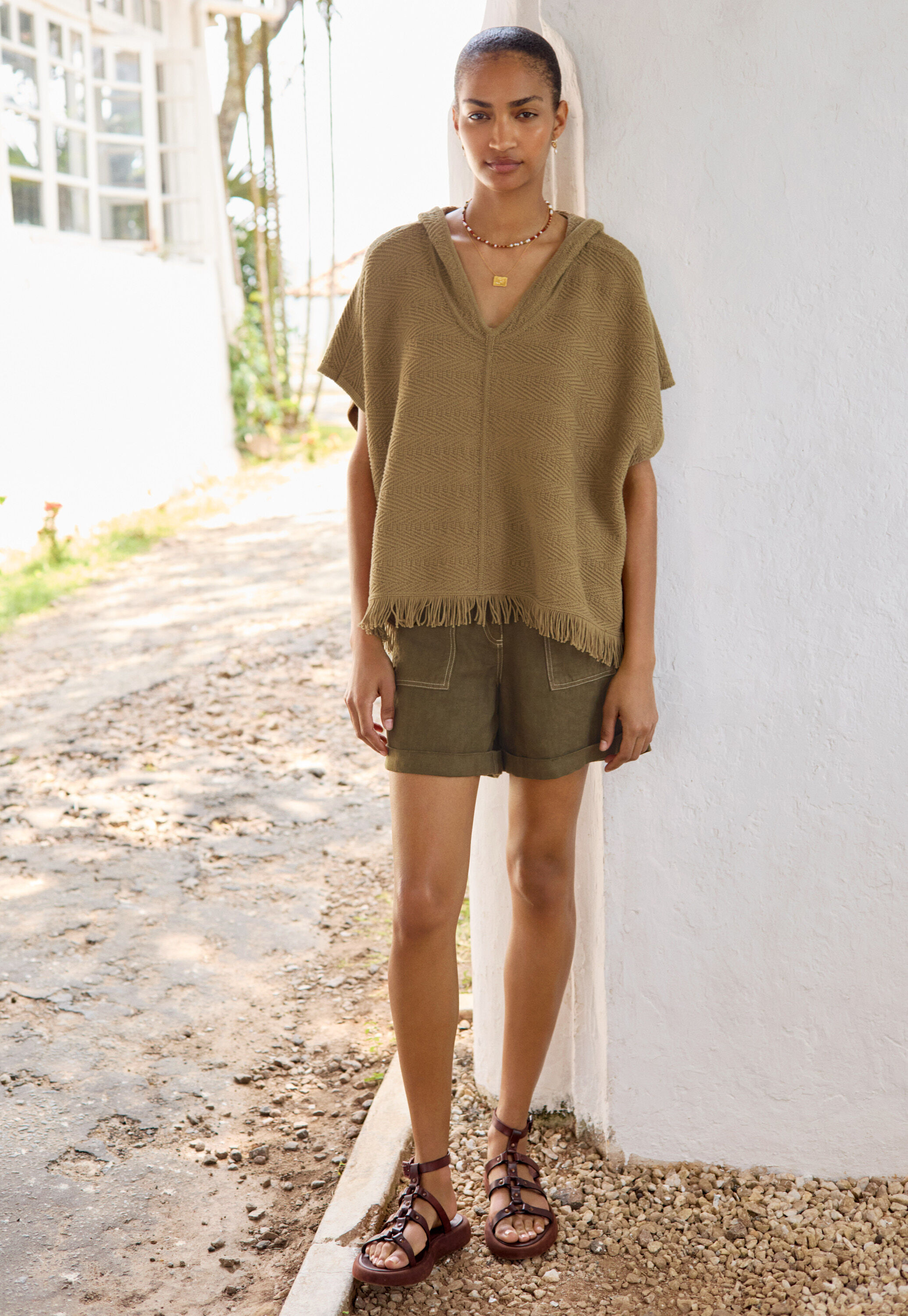 Fischgr&auml;t-Kapuzenponcho, Khaki, large
