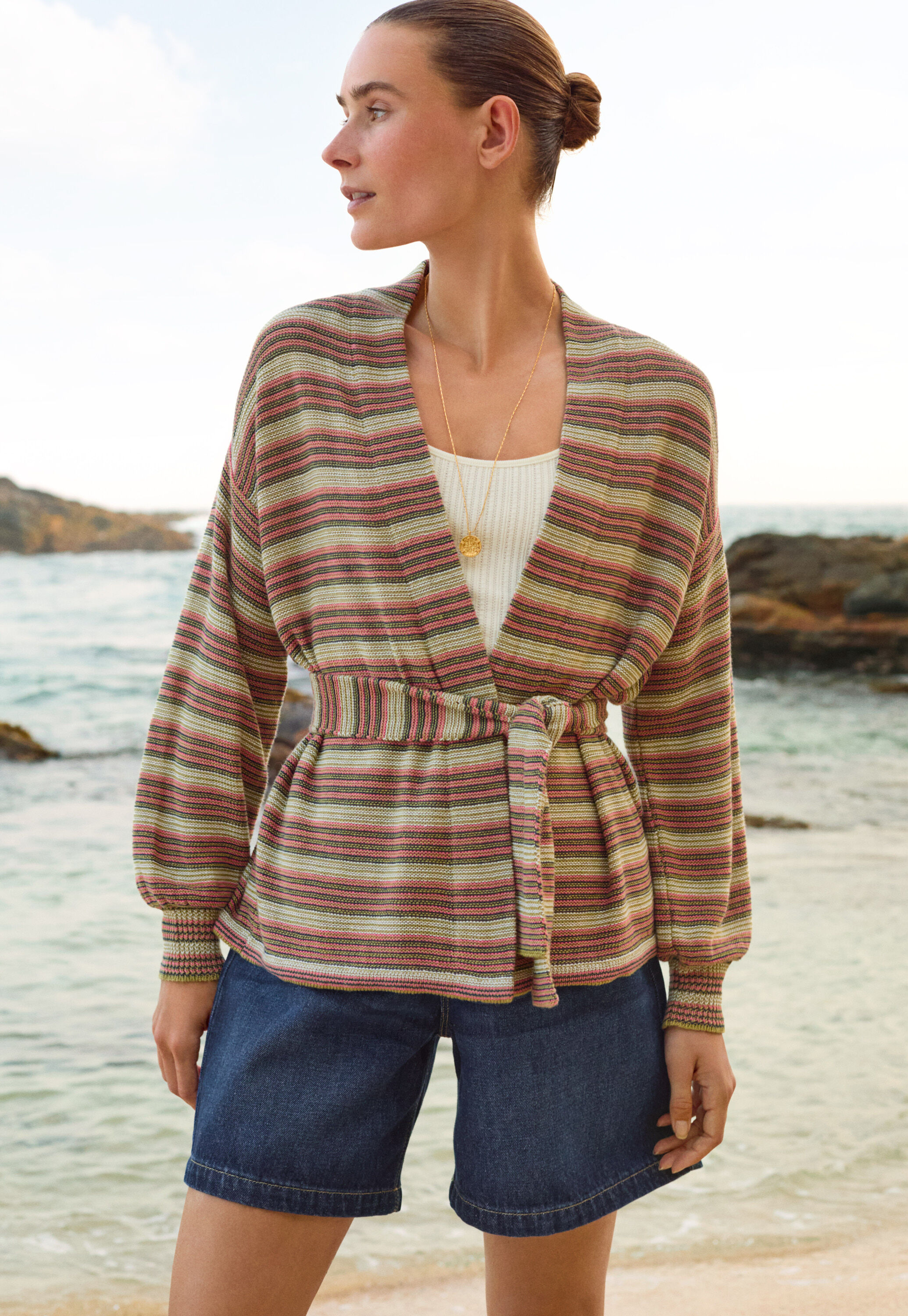 Gestreifter Cardigan, Oliv/Ros&eacute;, large