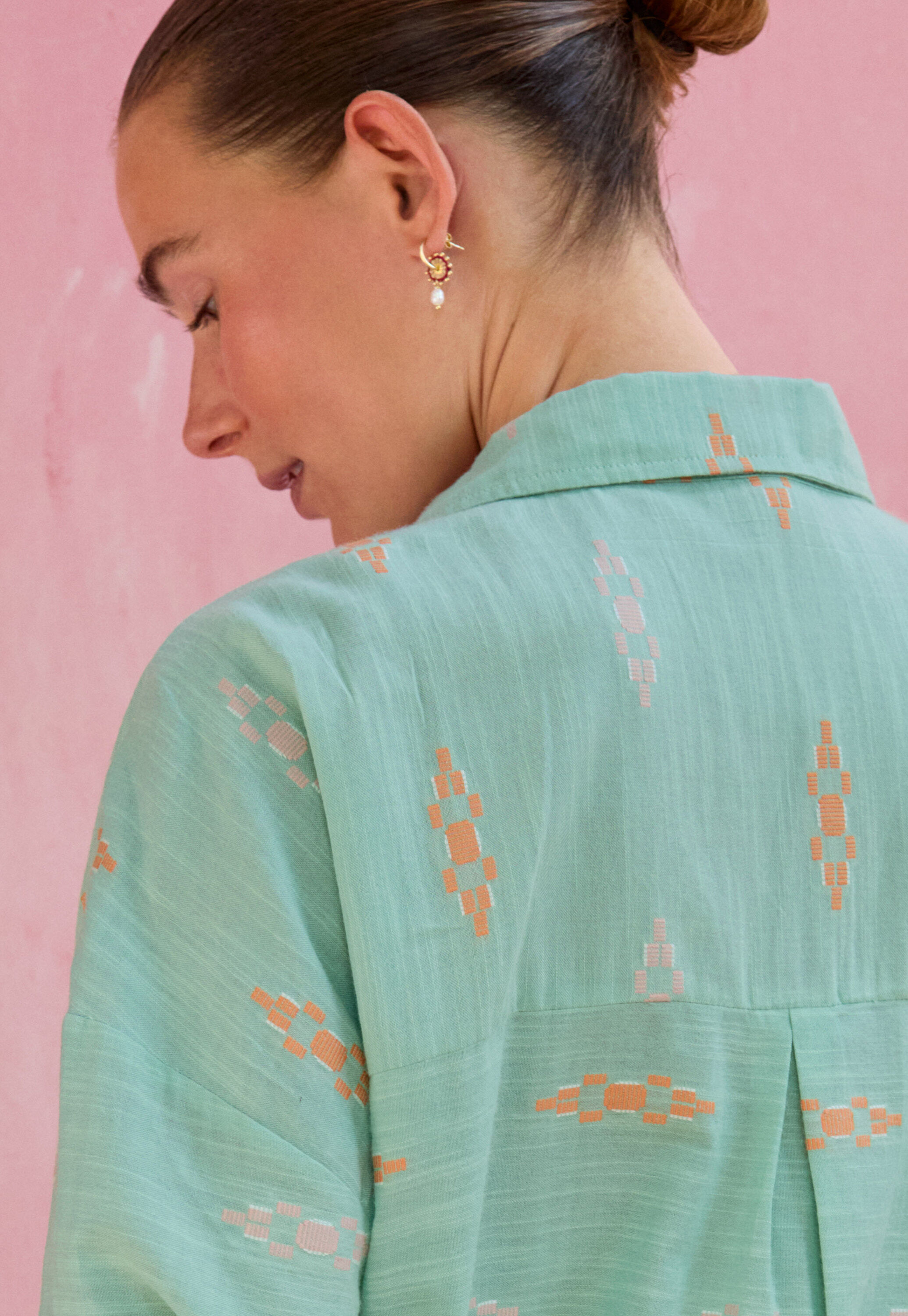 Bluse aus geklipptem Jacquard, Meerschaum/Orange, large