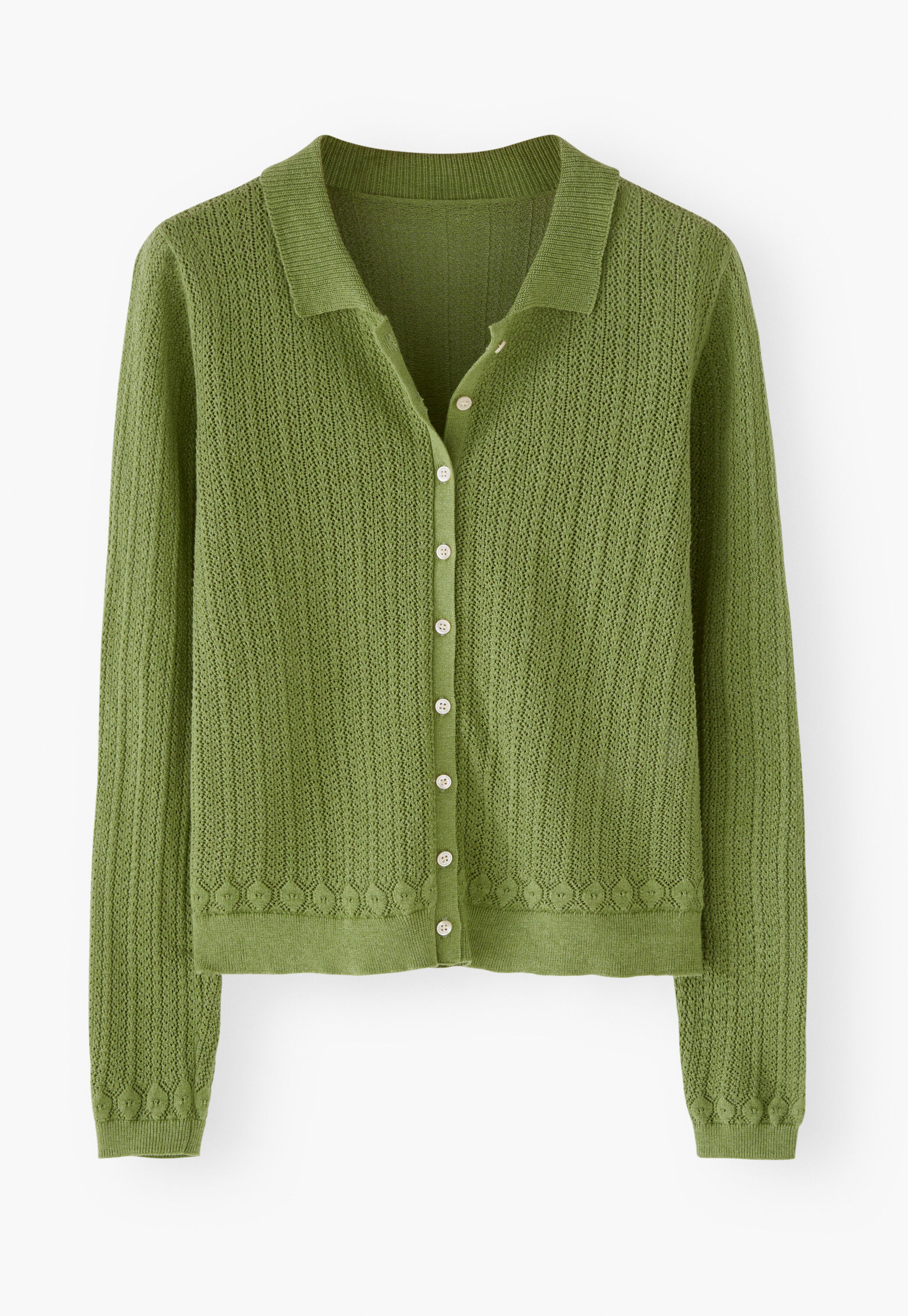 Spitzenmuster-Cardigan mit Kragen, Blattgr&uuml;n, large