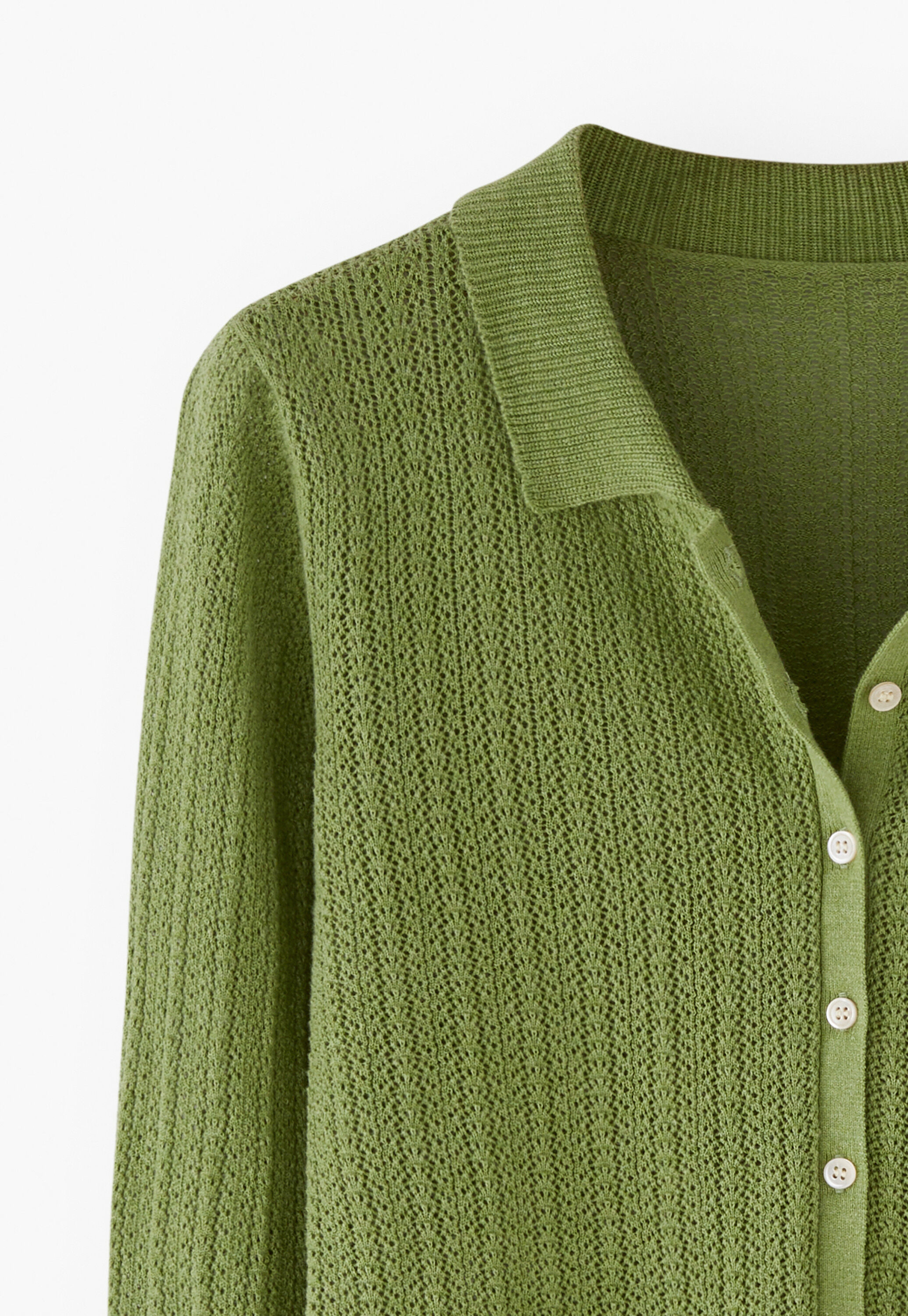 Spitzenmuster-Cardigan mit Kragen, Blattgr&uuml;n, large