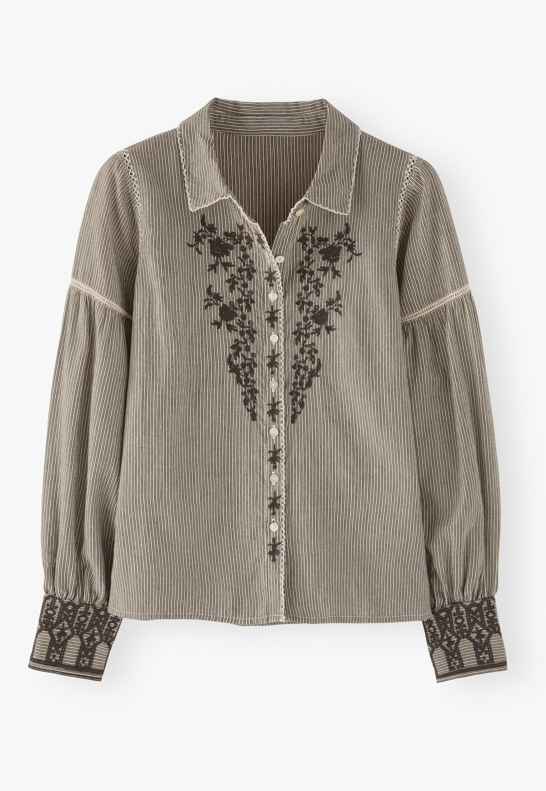 Bestickte Bluse mit eingewebten Streifen, Kohlschwarz/Ecru, large
