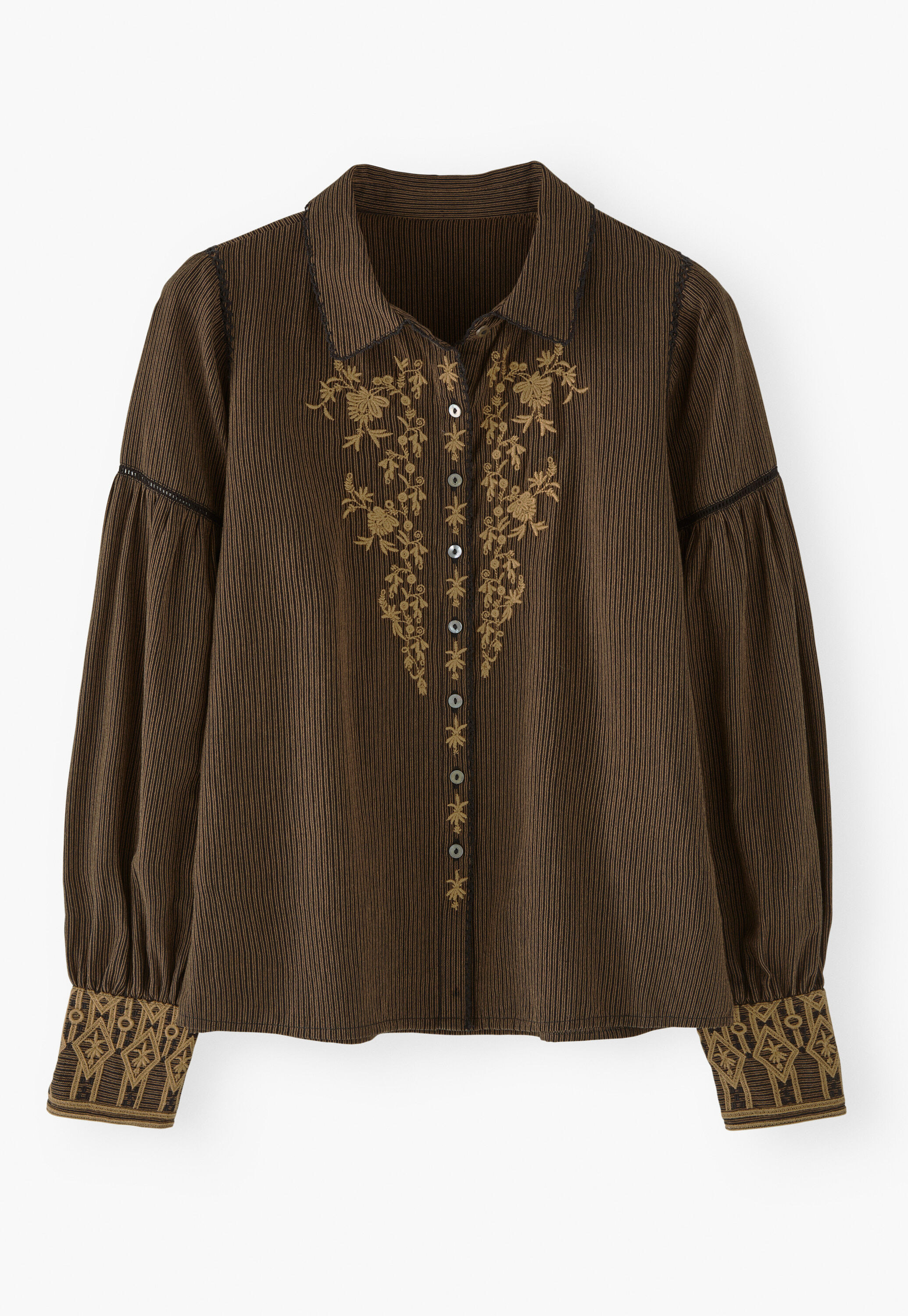 Bestickte Bluse mit eingewebten Streifen, Espresso/Rehbraun, large