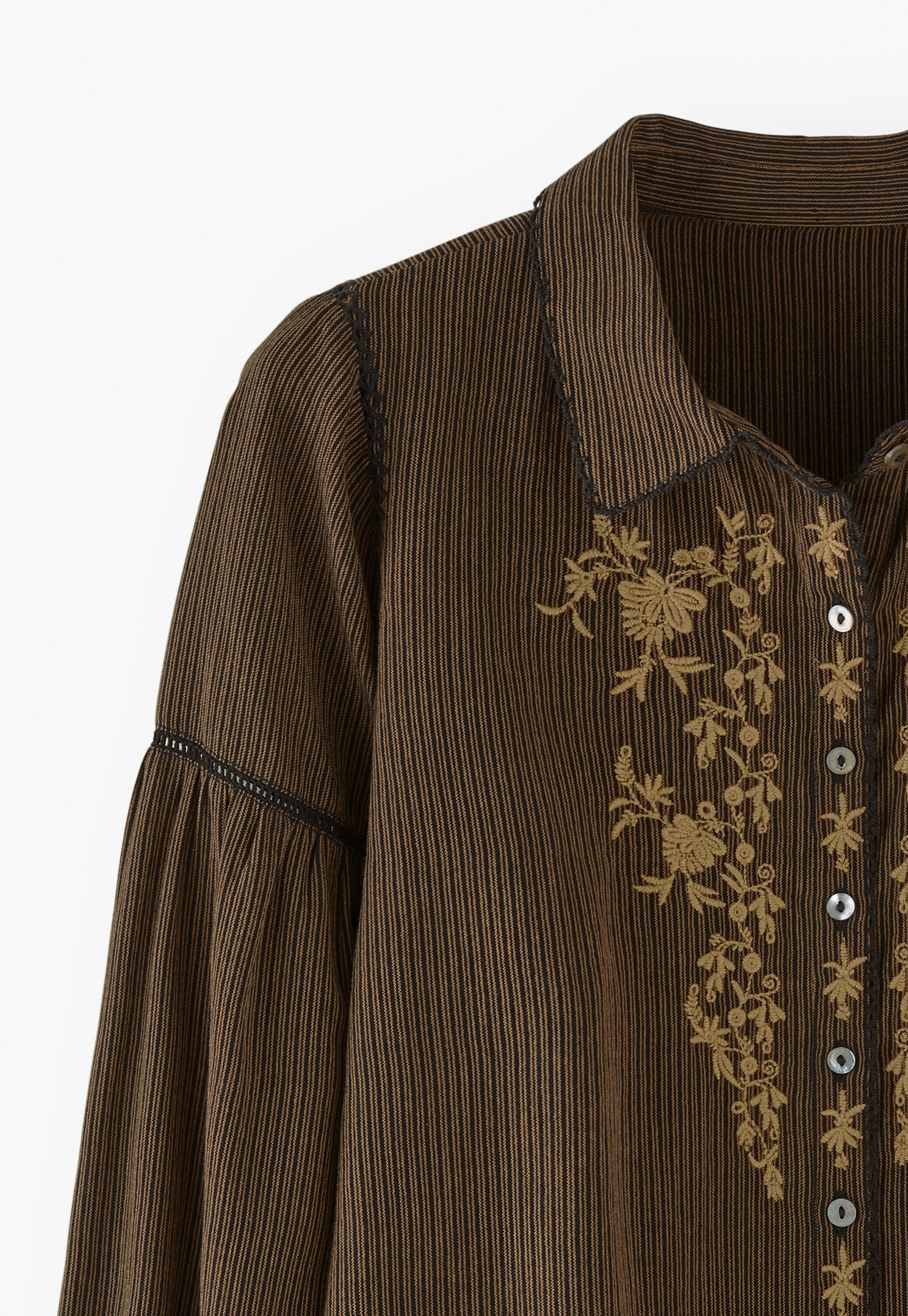 Bestickte Bluse mit eingewebten Streifen, Espresso/Rehbraun, large