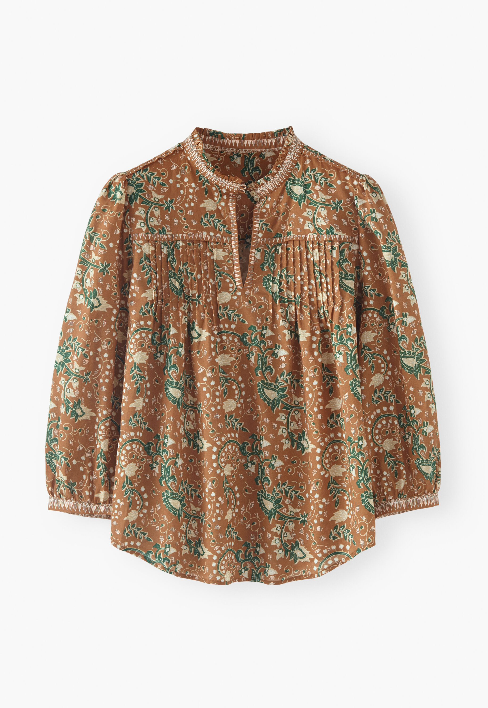 Bedruckte Bluse mit Biesen, Rost, large