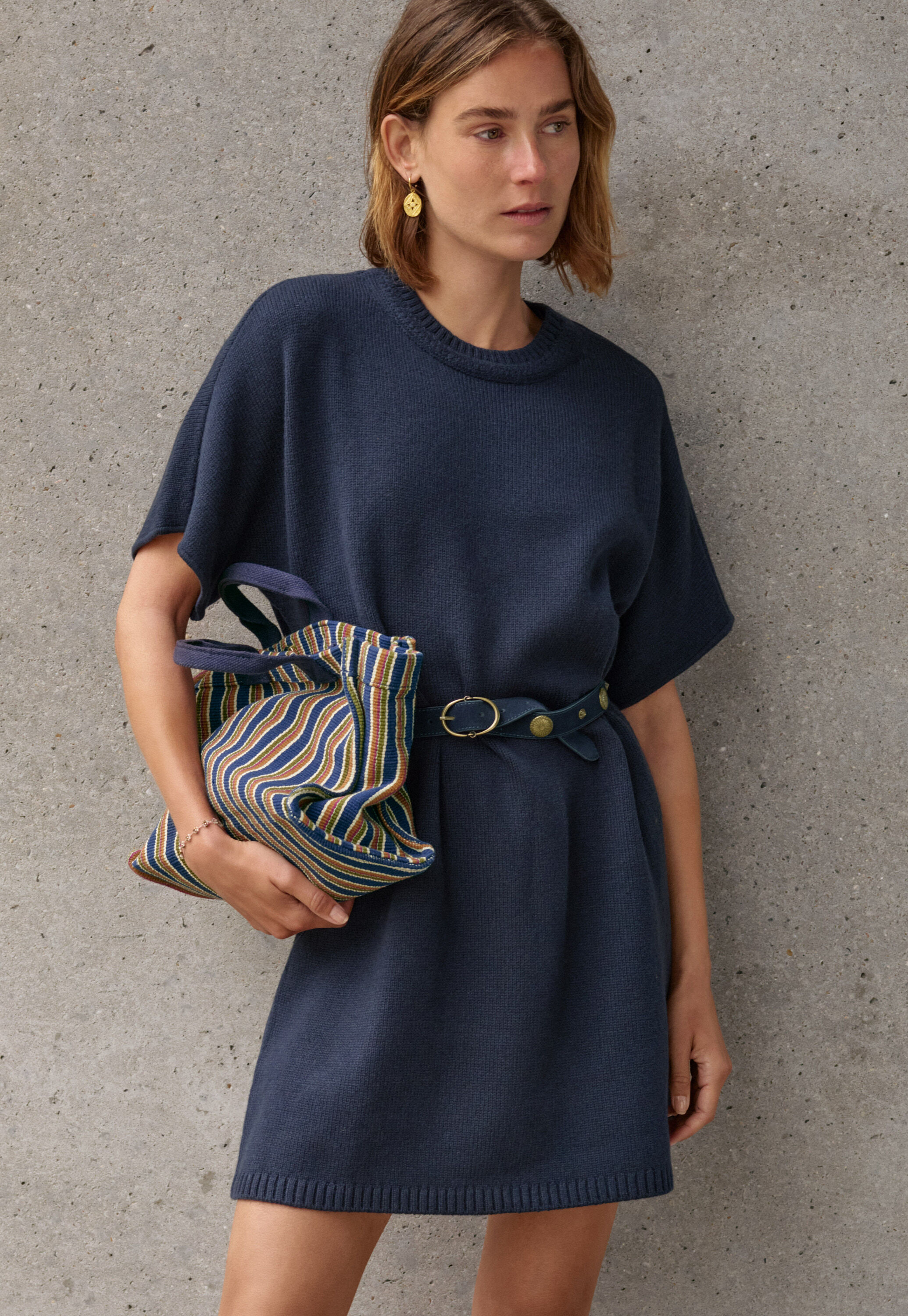 Kleine gestreifte Tasche, Mitternacht/Blau, large