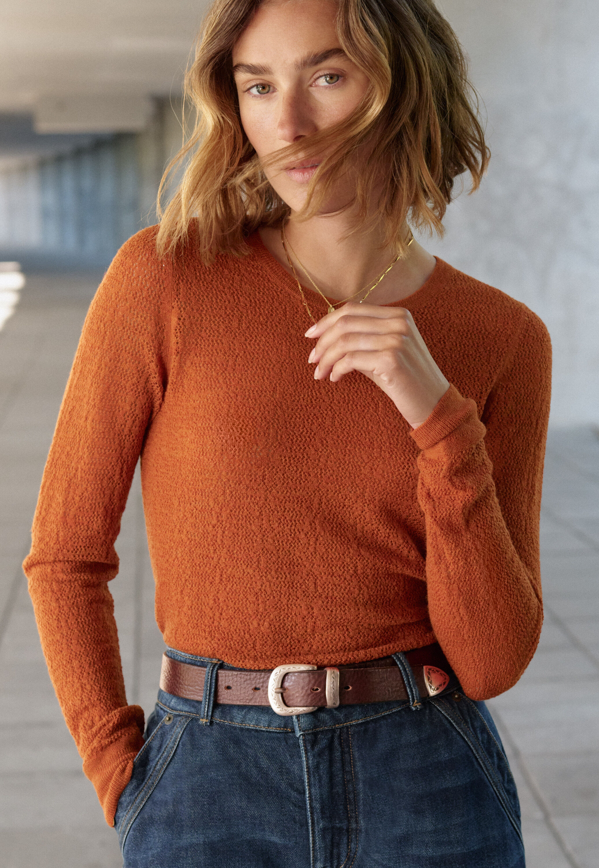Pullover im Spitzenmuster, Flammendes Orange, large