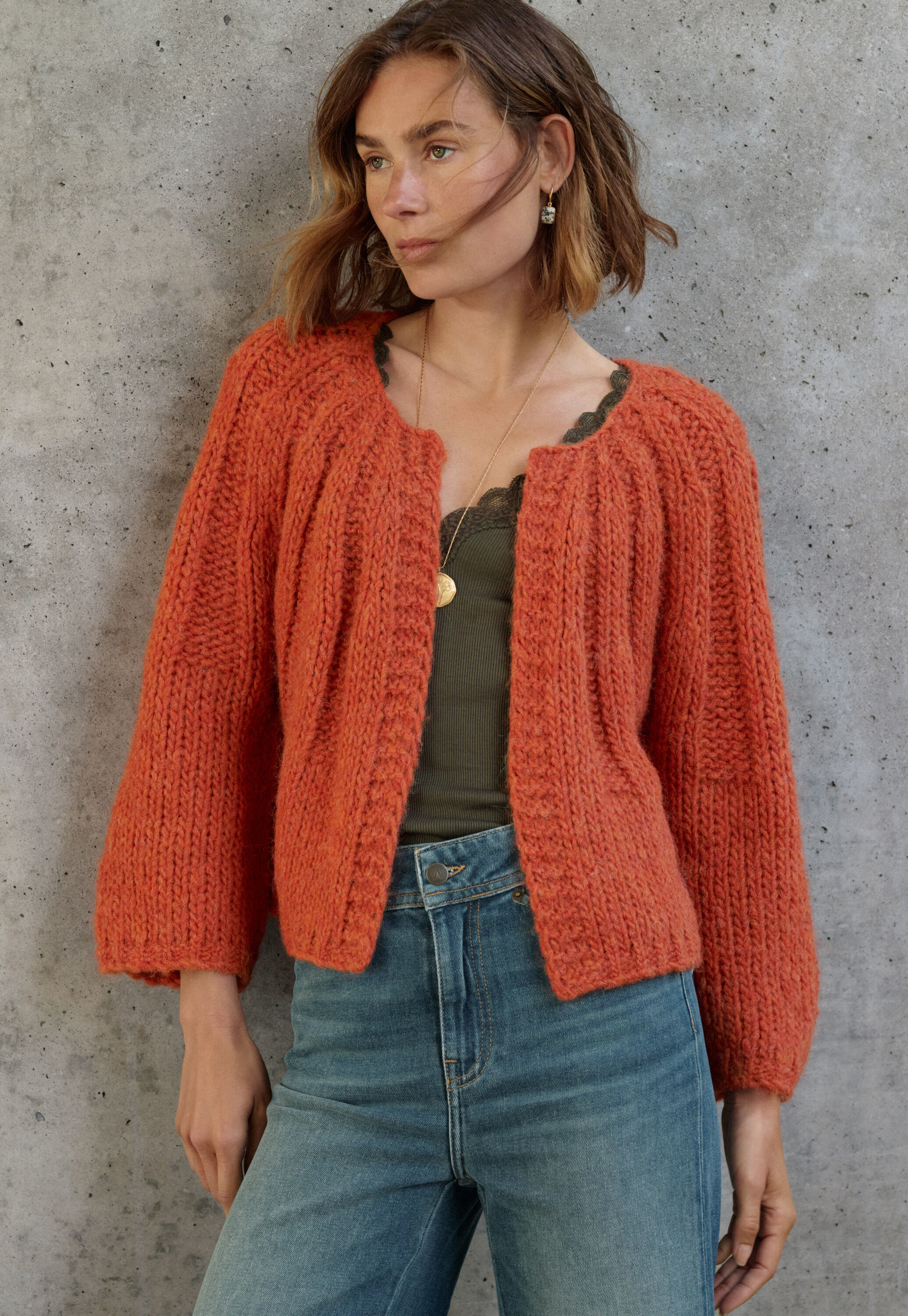 Handgestrickter Cardigan, Chiliorange, large