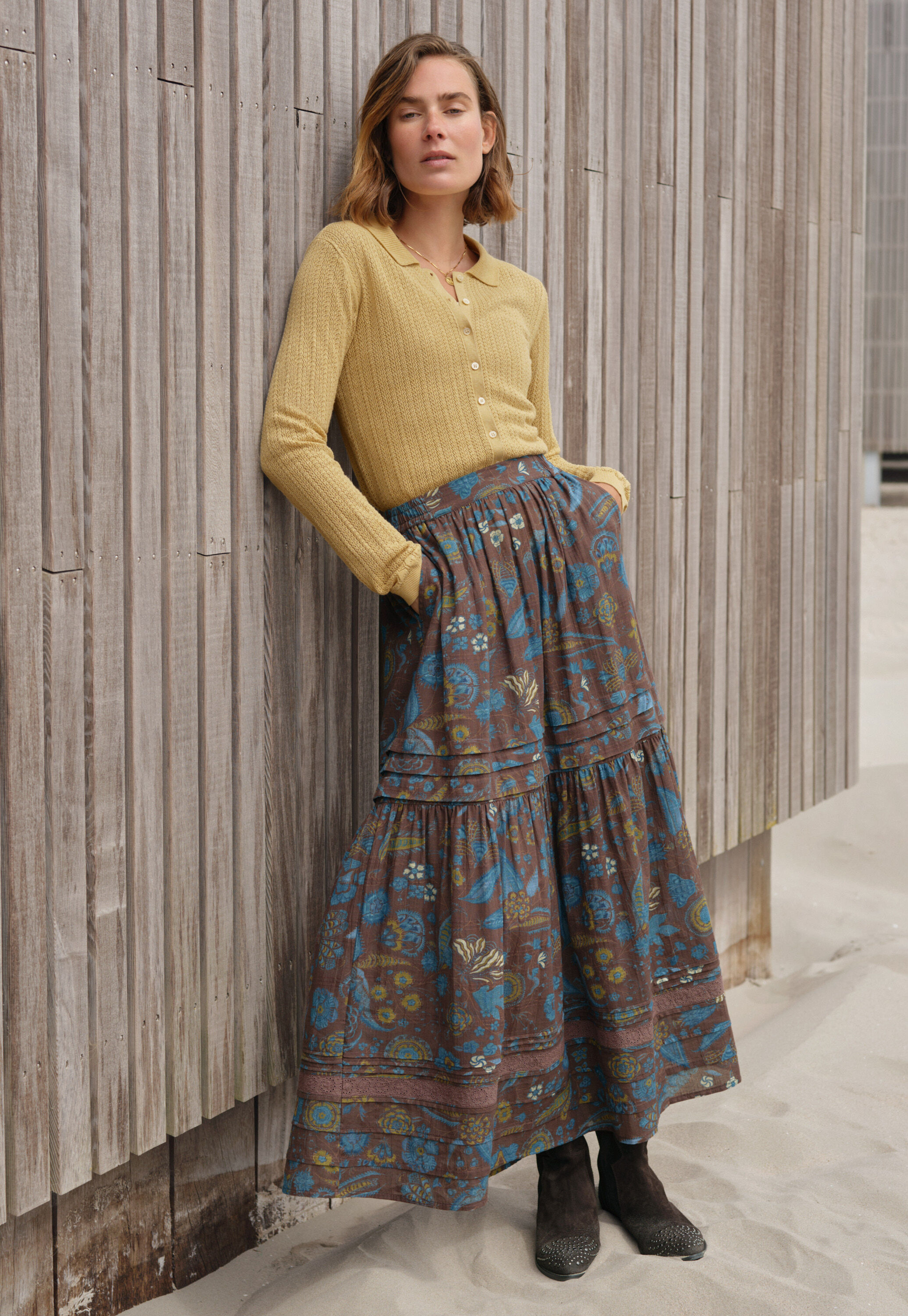 Spitzenmuster-Cardigan mit Kragen, Buttergelb, large