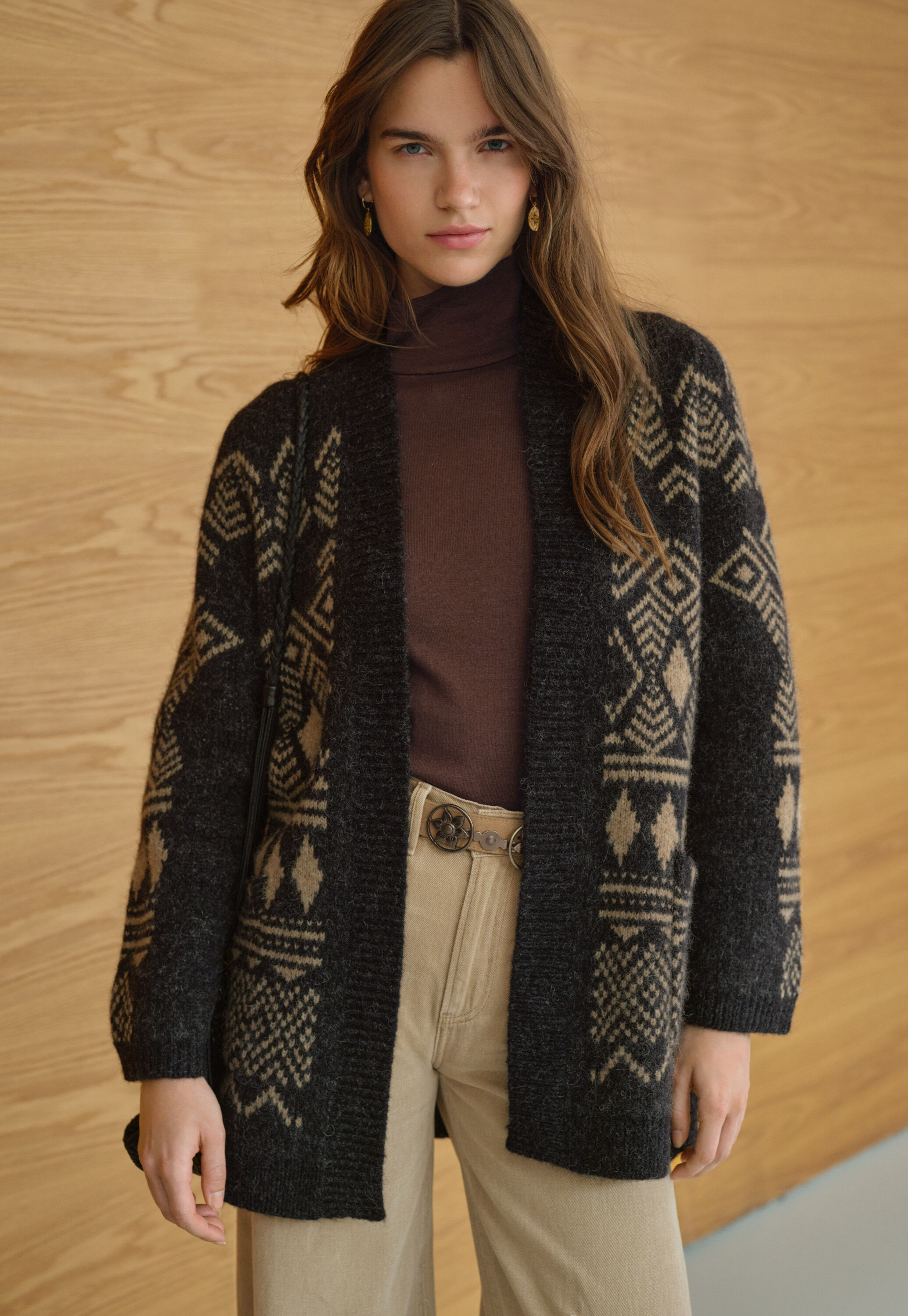 Langer Jacquard-Cardigan, Kohlschwarz/Sand, large