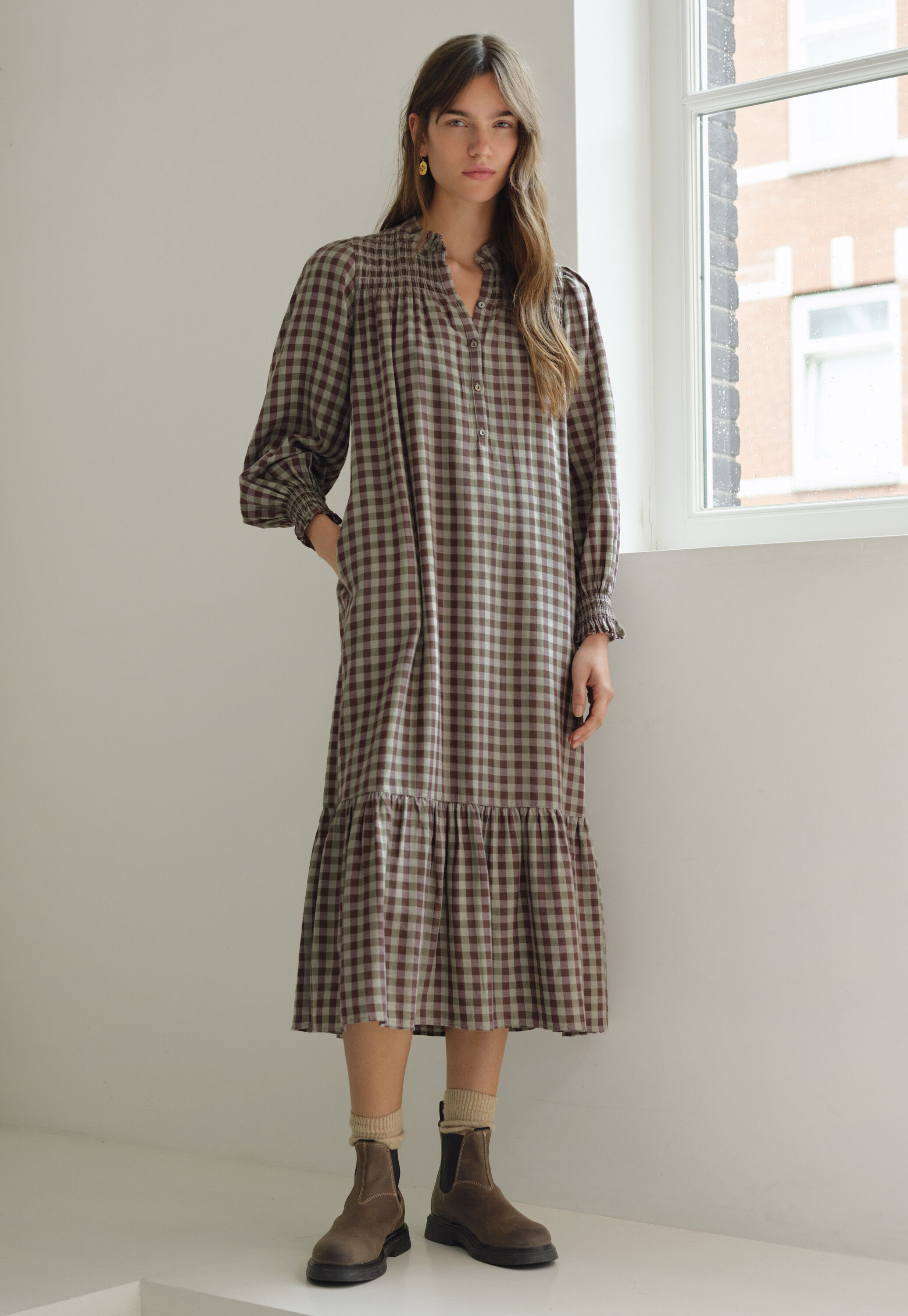 Kleid aus Lyocell, Baumwolle und Wolle, Salbei/Pflaume, large