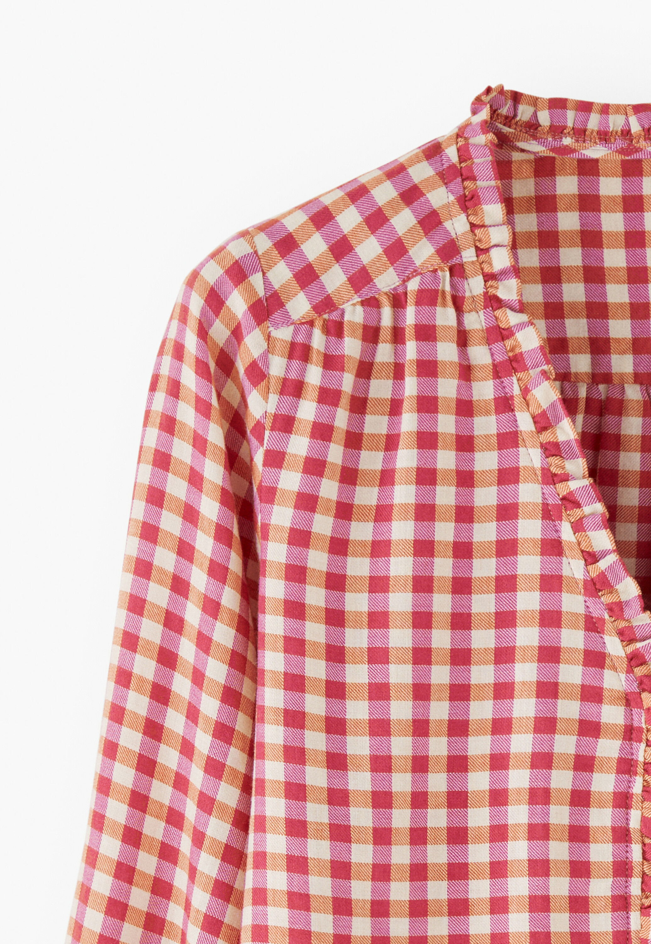 Vichy-Karo-Bluse mit R&uuml;schen, Beere/Orange, large