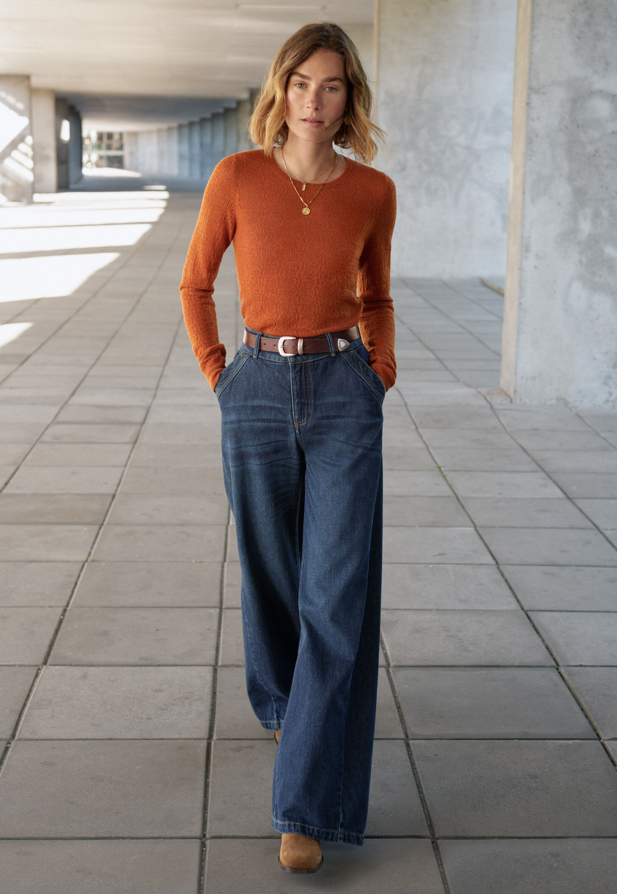 Pullover im Spitzenmuster, Flammendes Orange, large