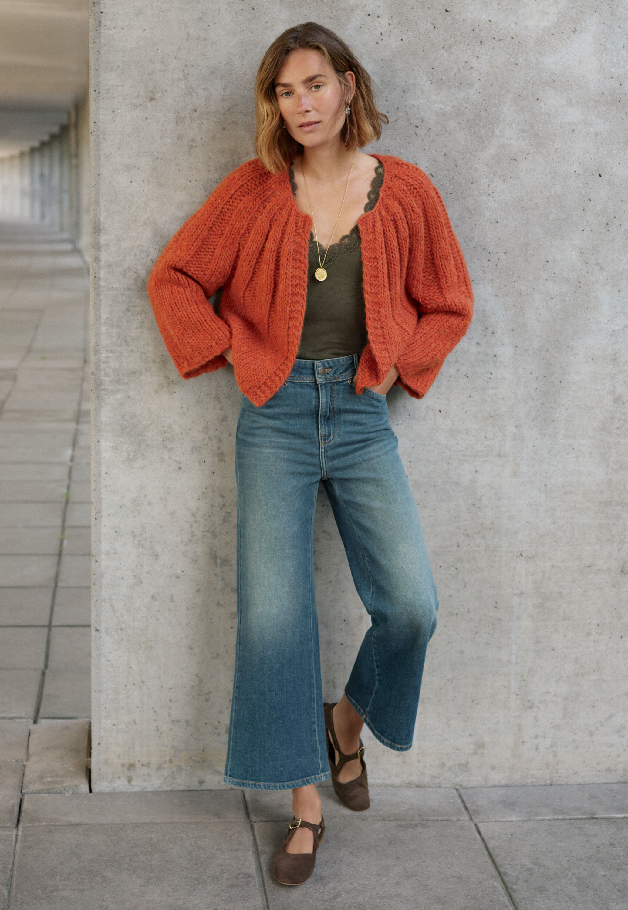 Handgestrickter Cardigan, Chiliorange, large