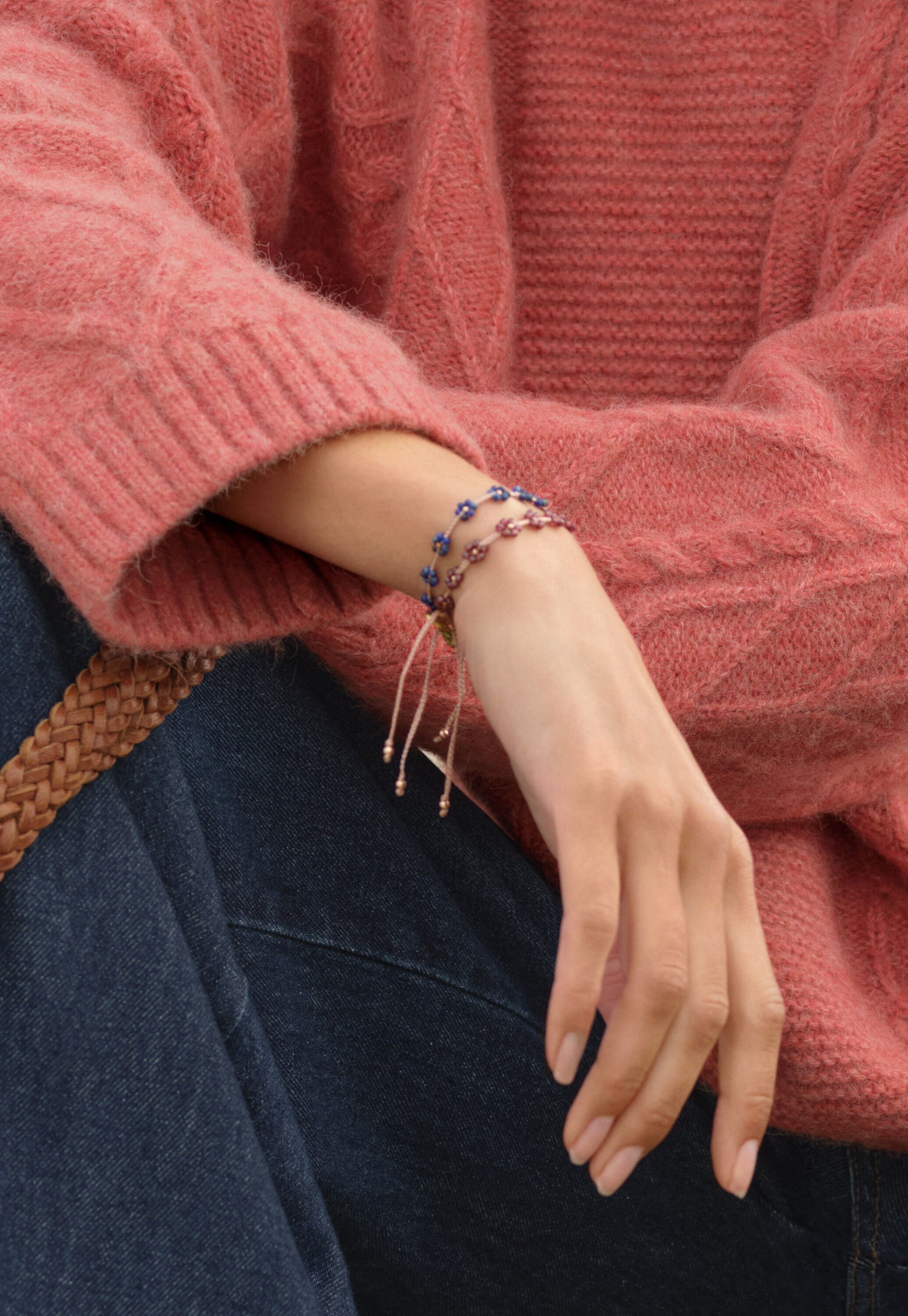 Armband mit Perlenblumen, Ros&eacute;, large