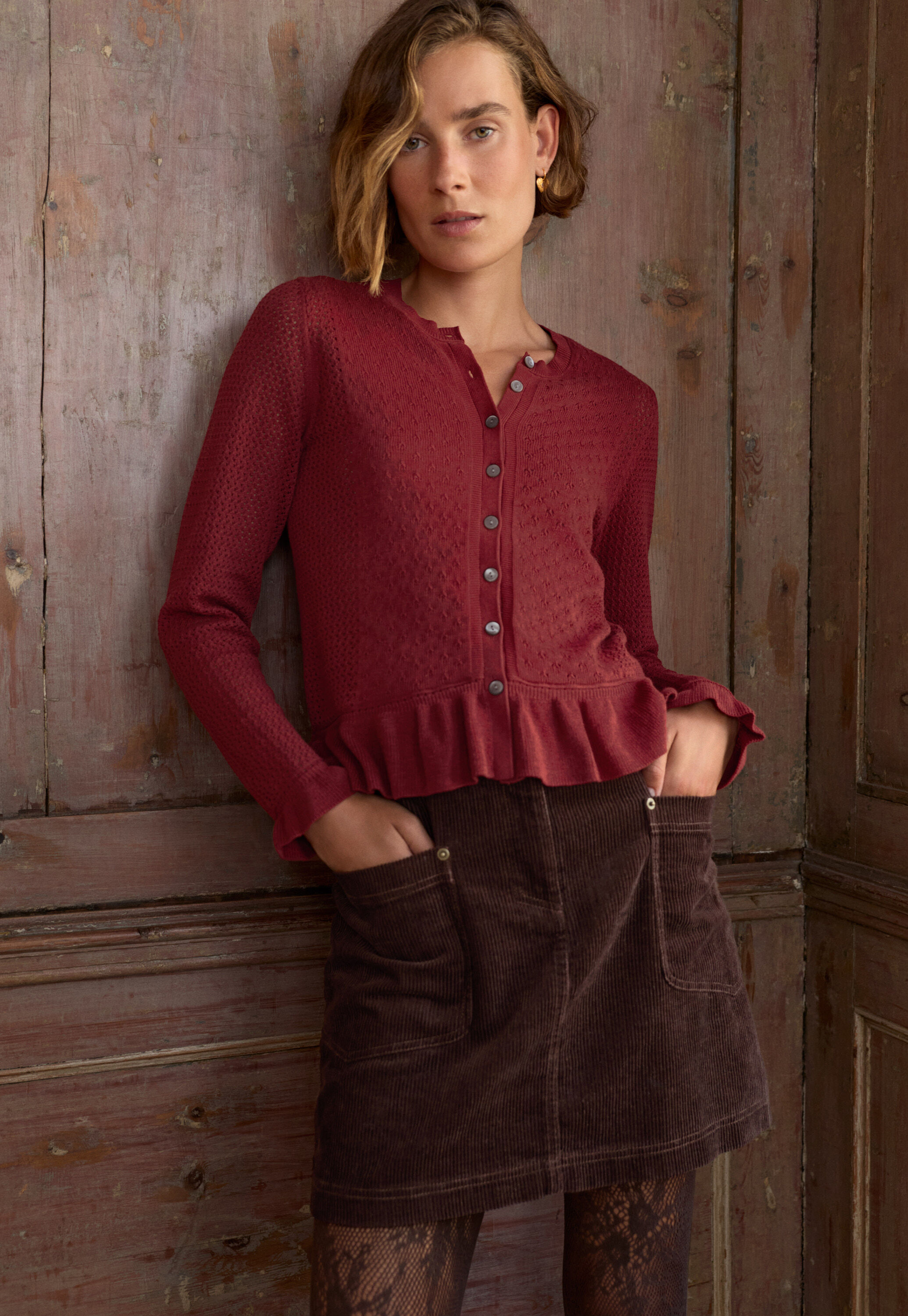 Cardigan mit Spitzenmuster, Rubin, large