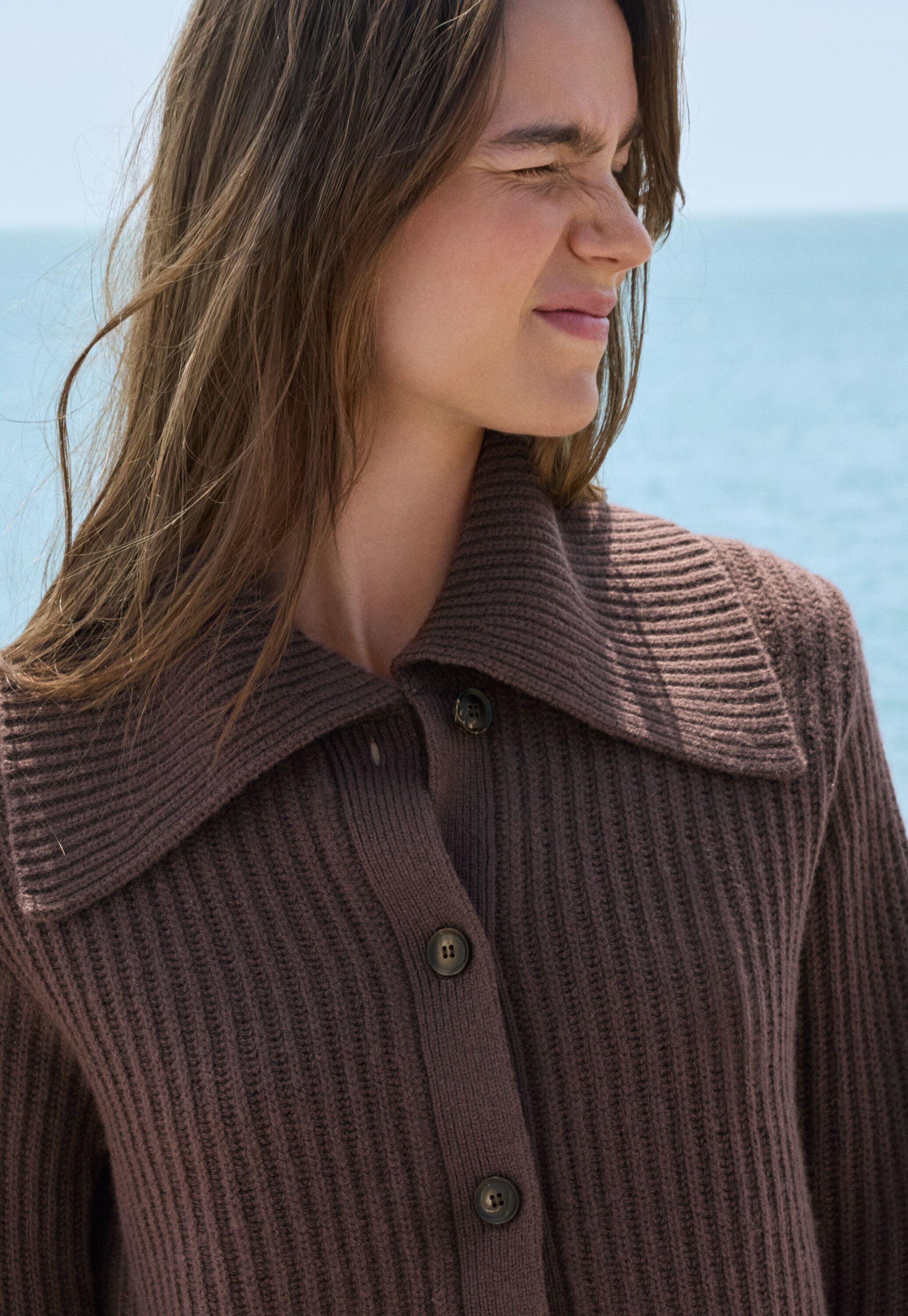 Ripp-Cardigan mit Kragen, Dunkle Schokolade, large