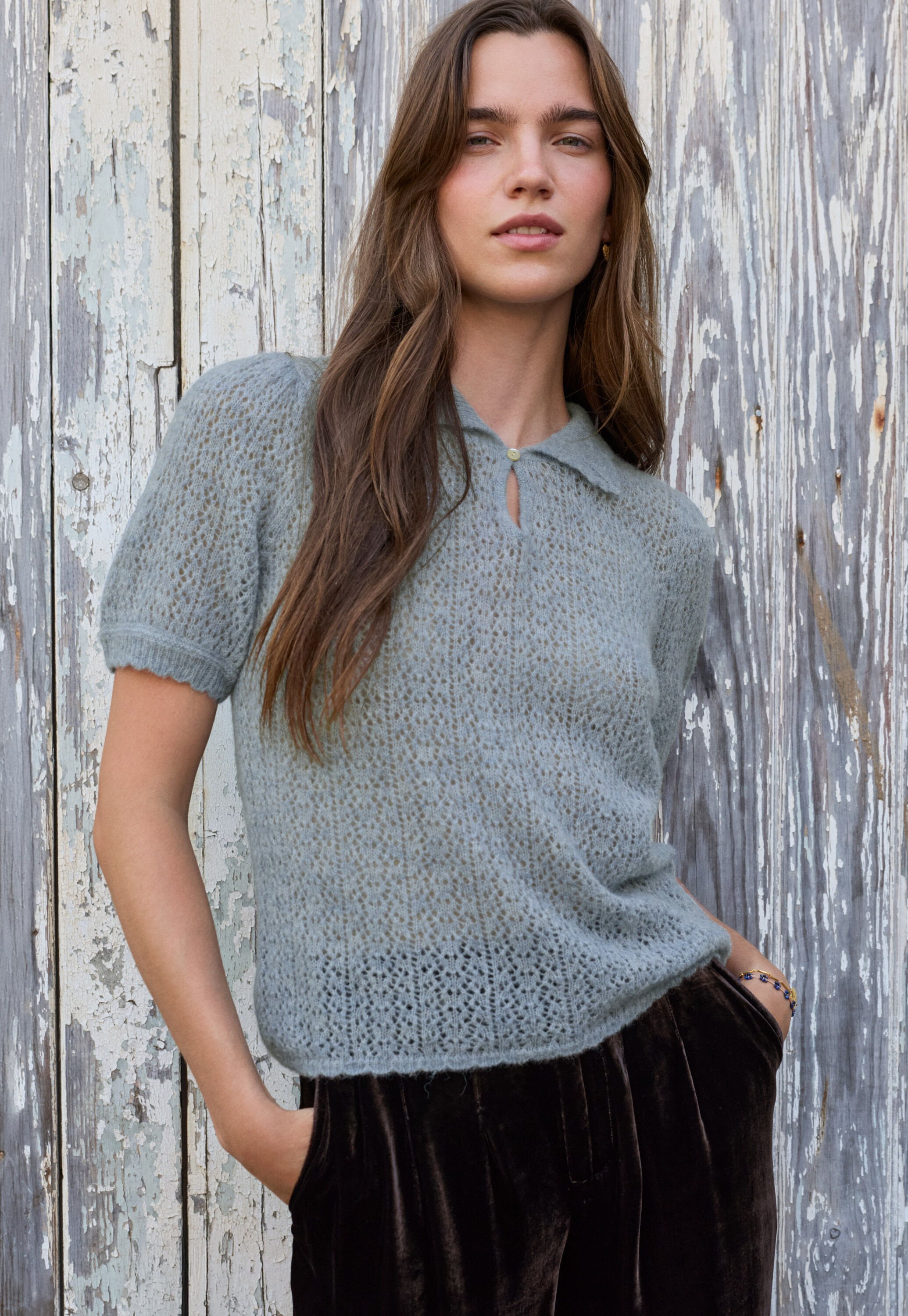 Pullover mit Spitzenmuster, Kreideblau, large