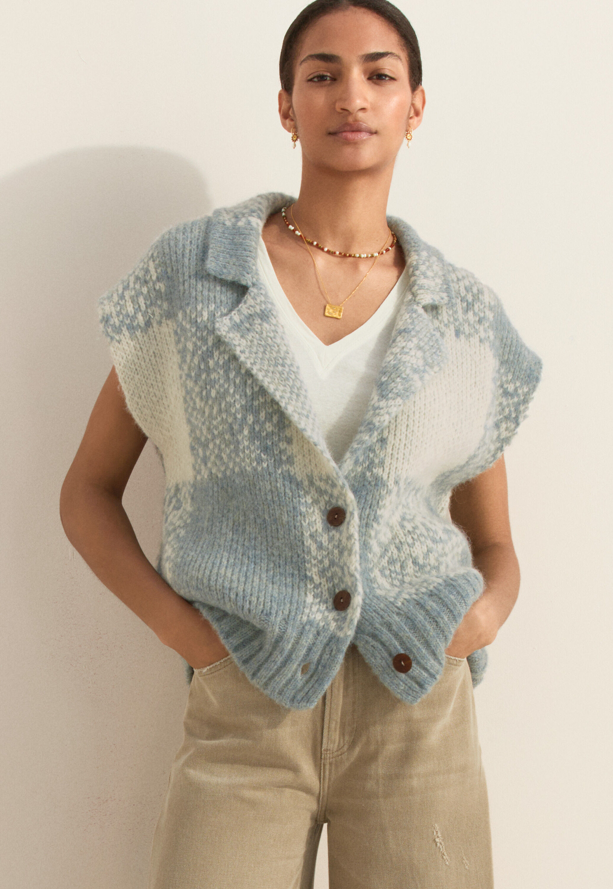 &Auml;rmellose Karojacke, Blau/Stein, large