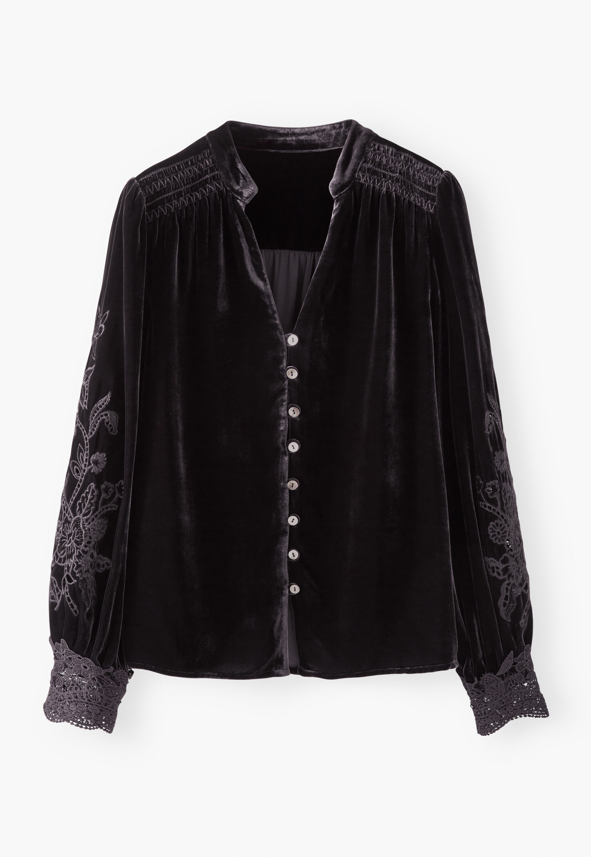 Samtbluse mit Cutwork, Schwarzer Kaffee, large