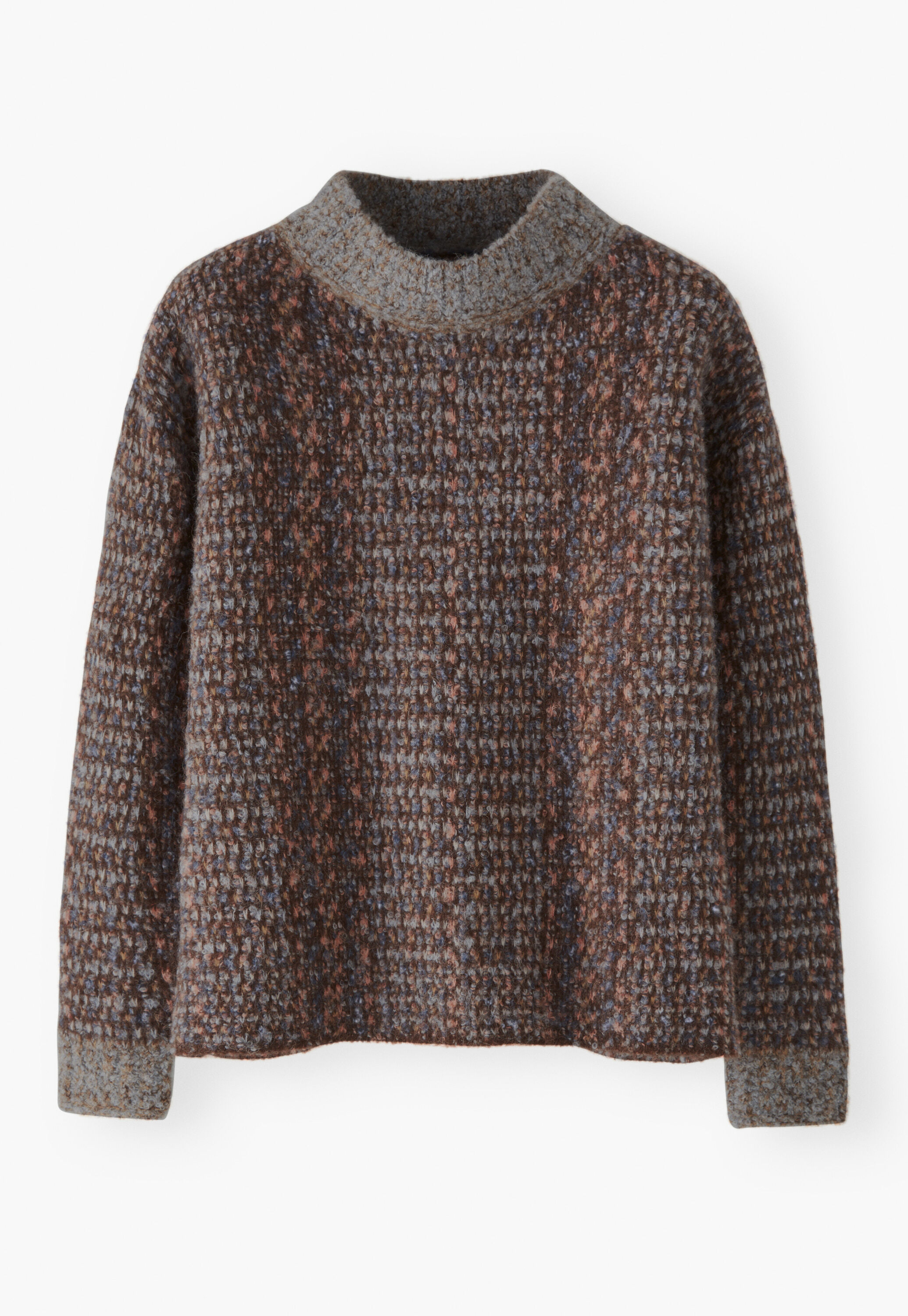 Boucl&eacute;-Pullover mit Trichterkragen, Schokolade/mehrfarbig, large