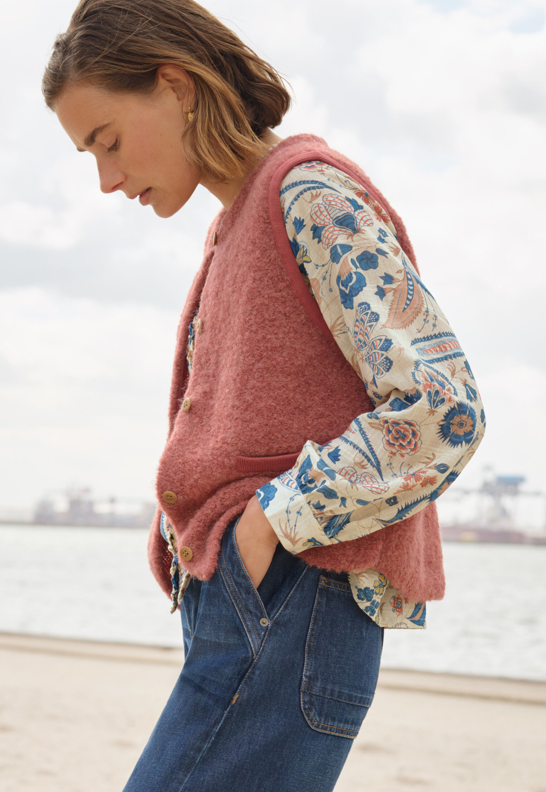 Bluse mit Print, Ecru/Denim, large