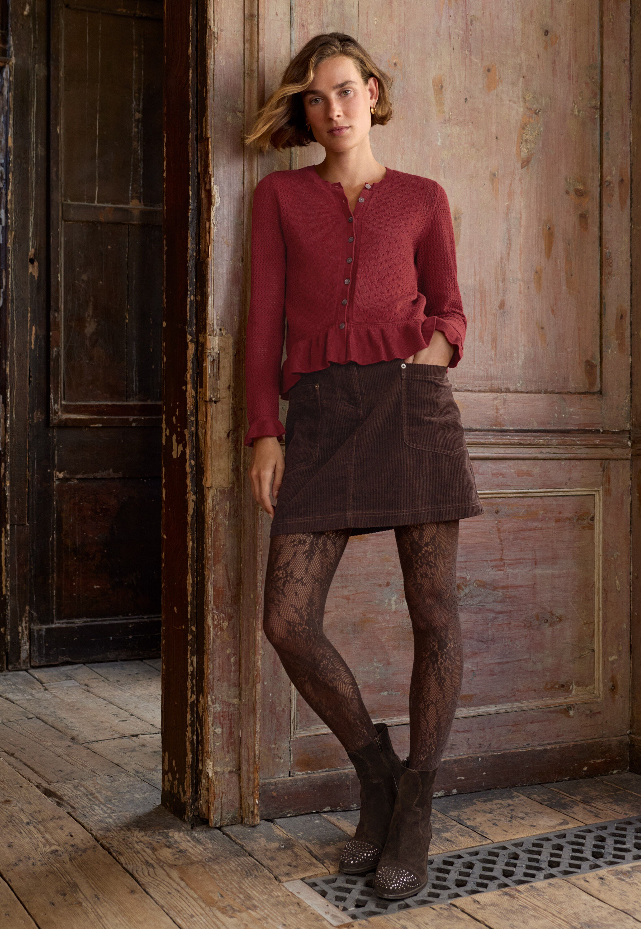 Cardigan mit Spitzenmuster, Rubin, large