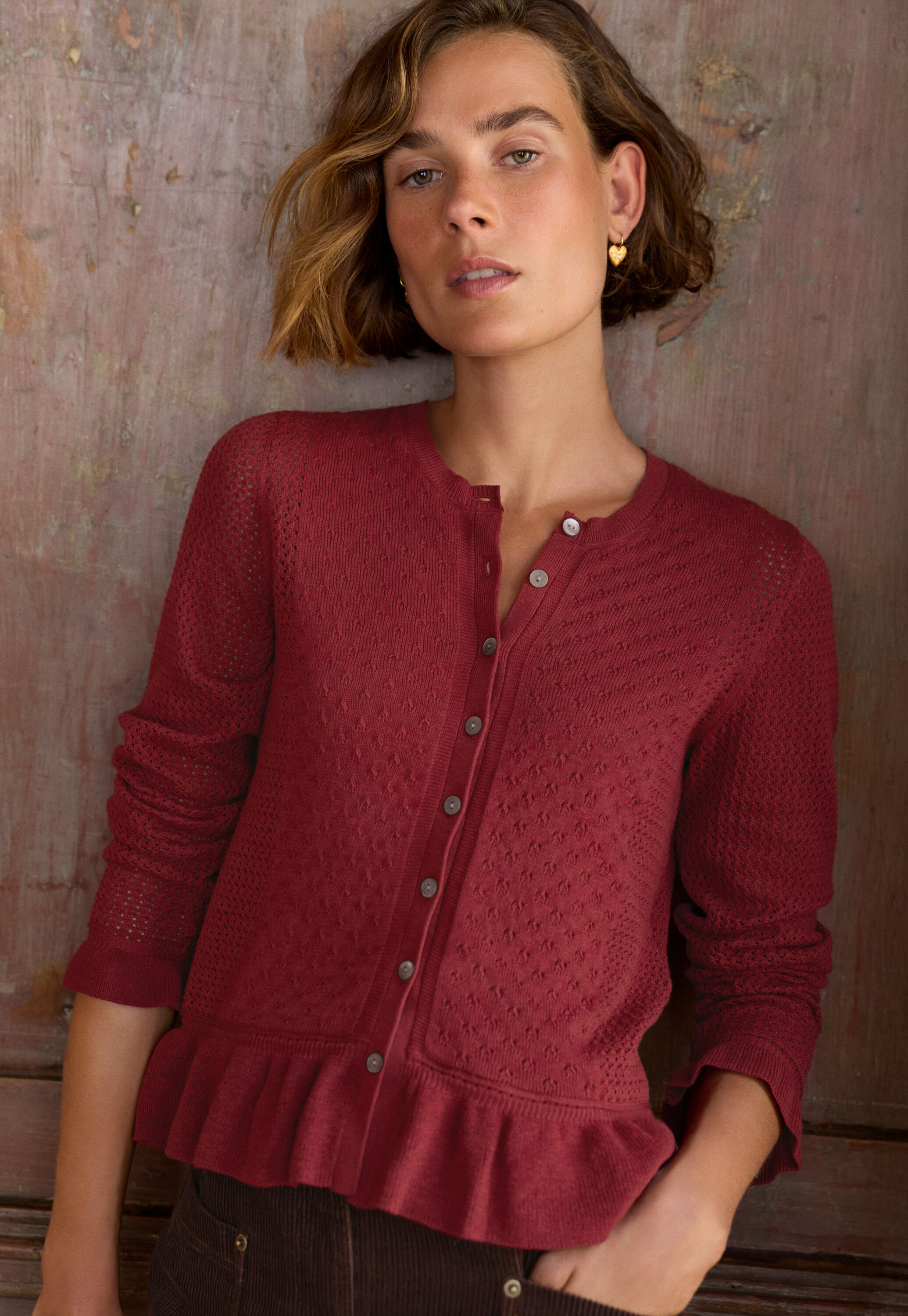Cardigan mit Spitzenmuster, Rubin, large