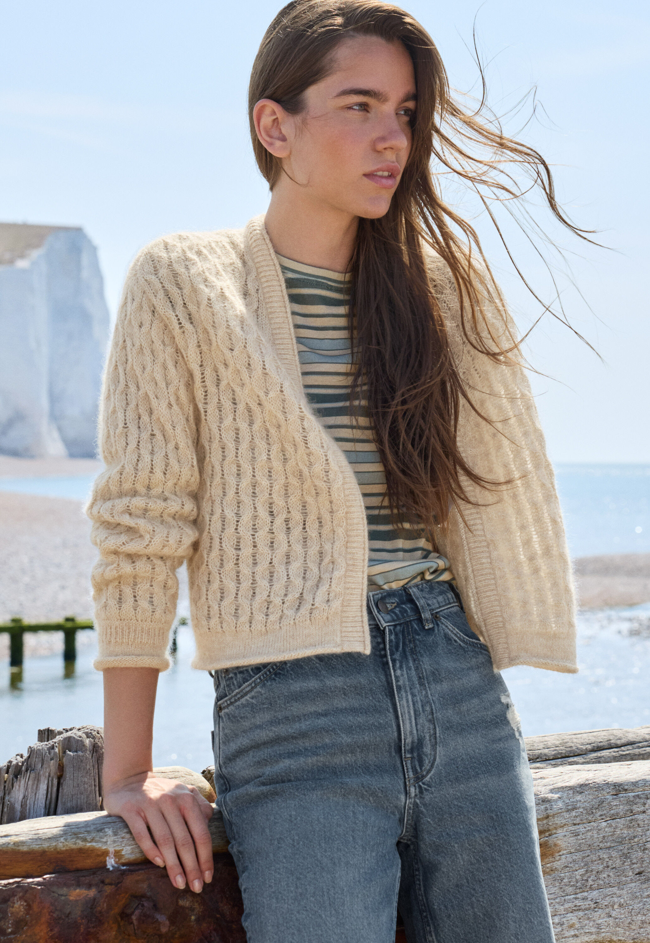 Cardigan mit Zopfmuster, Hafer, large