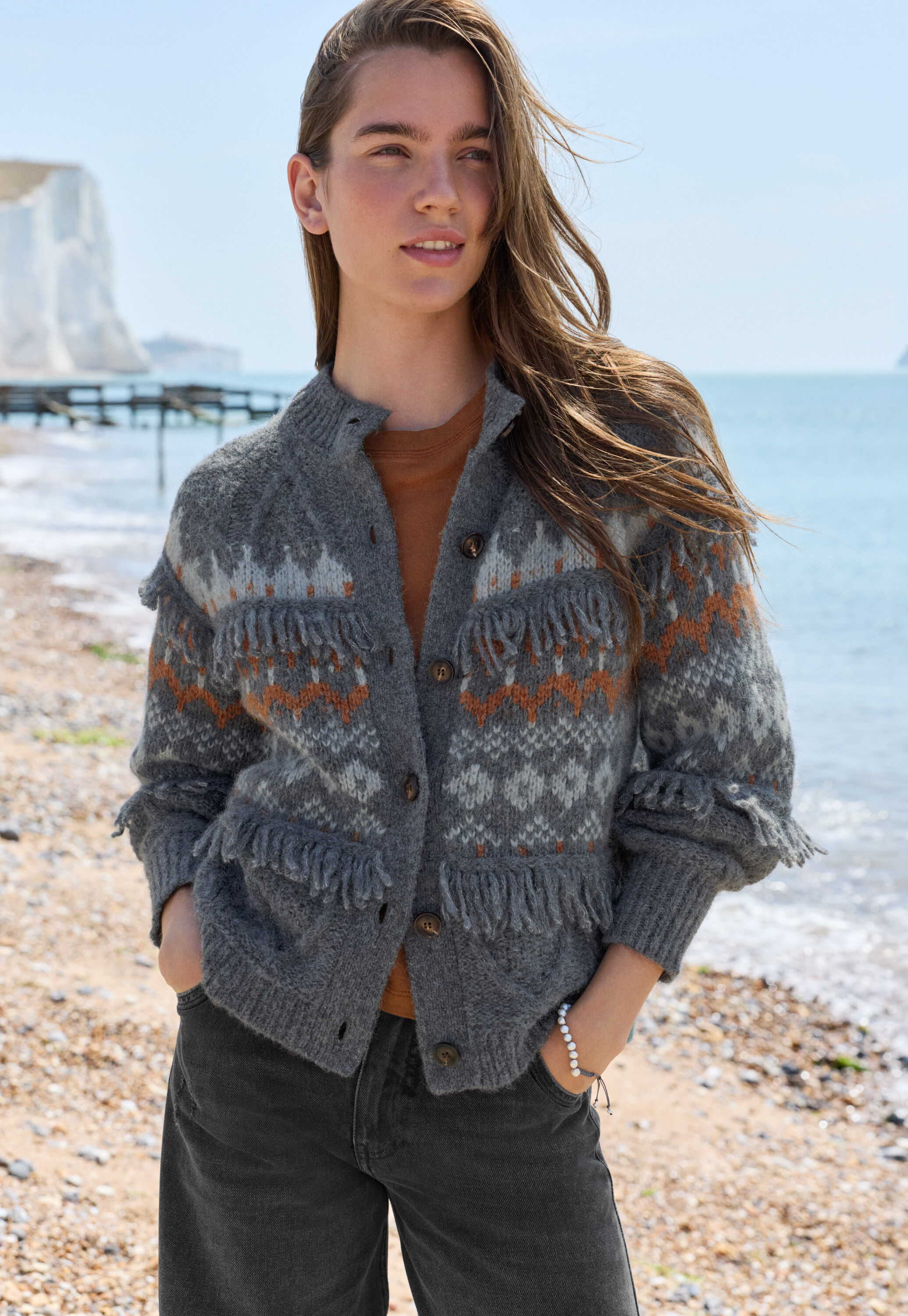 Cardigan mit Zopfmuster, Blauer Schiefer/Kupfer, large