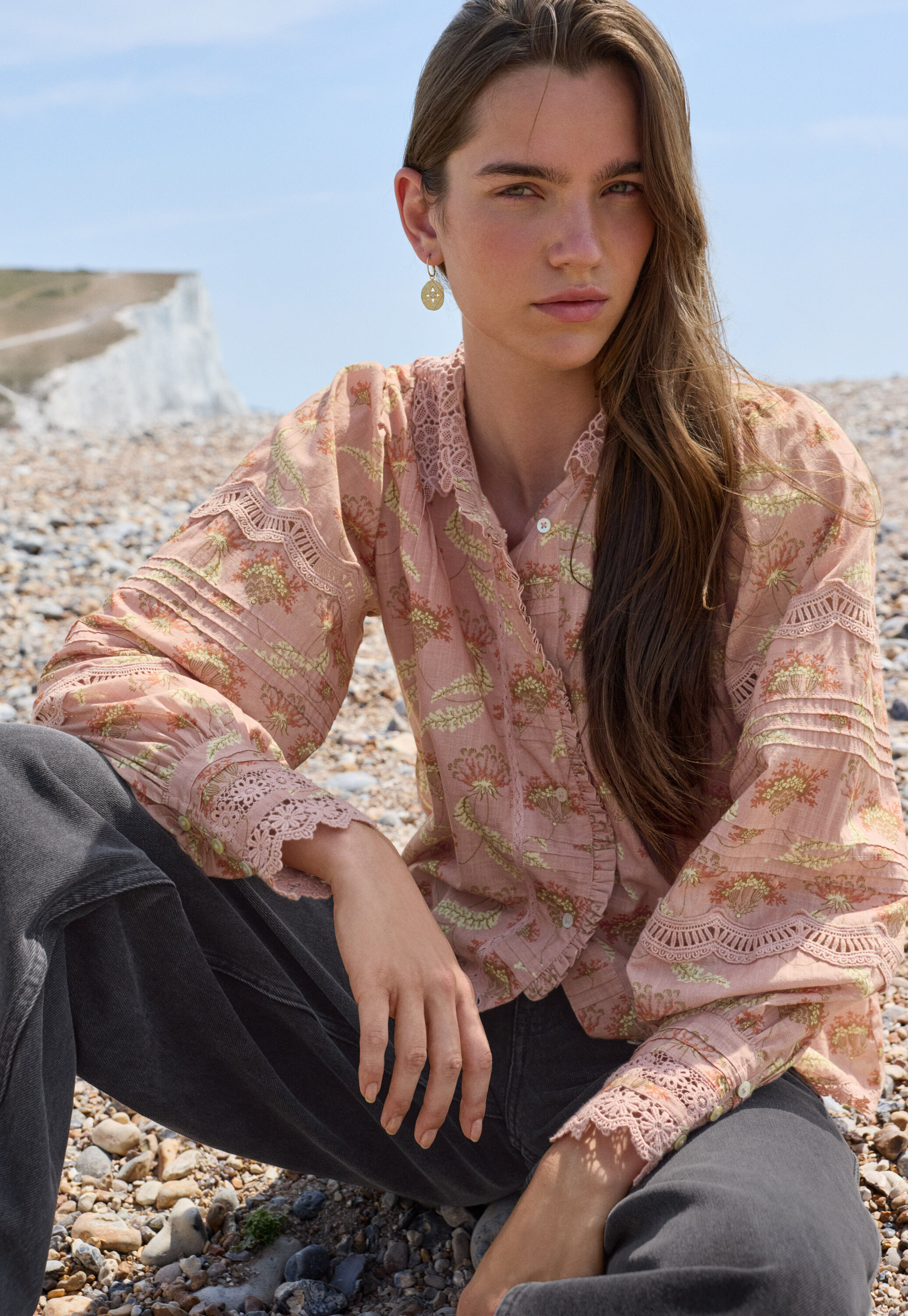 Print-Bluse mit Spitze, Rauchiges Ros&eacute;, large