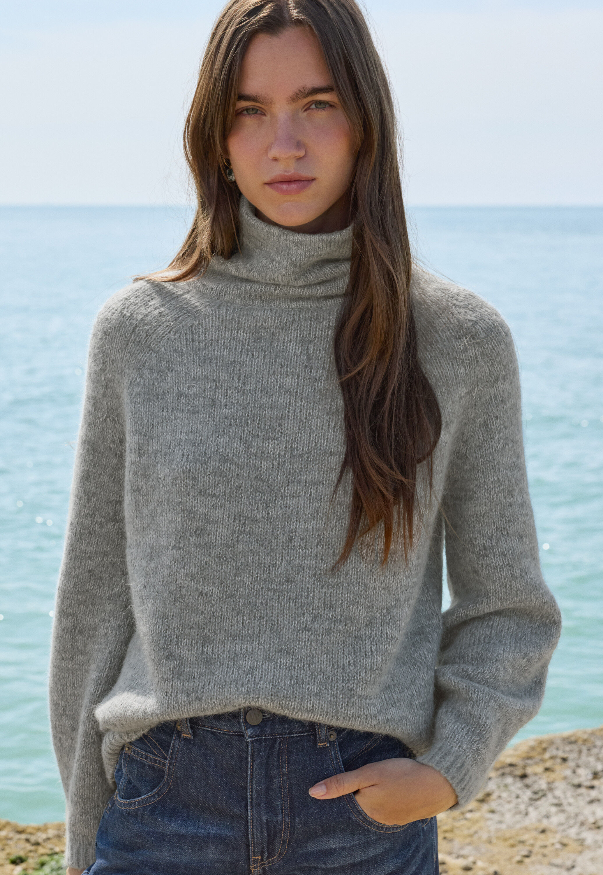 Raglanpullover mit hohem Kragen, Zartes Denimblau, large