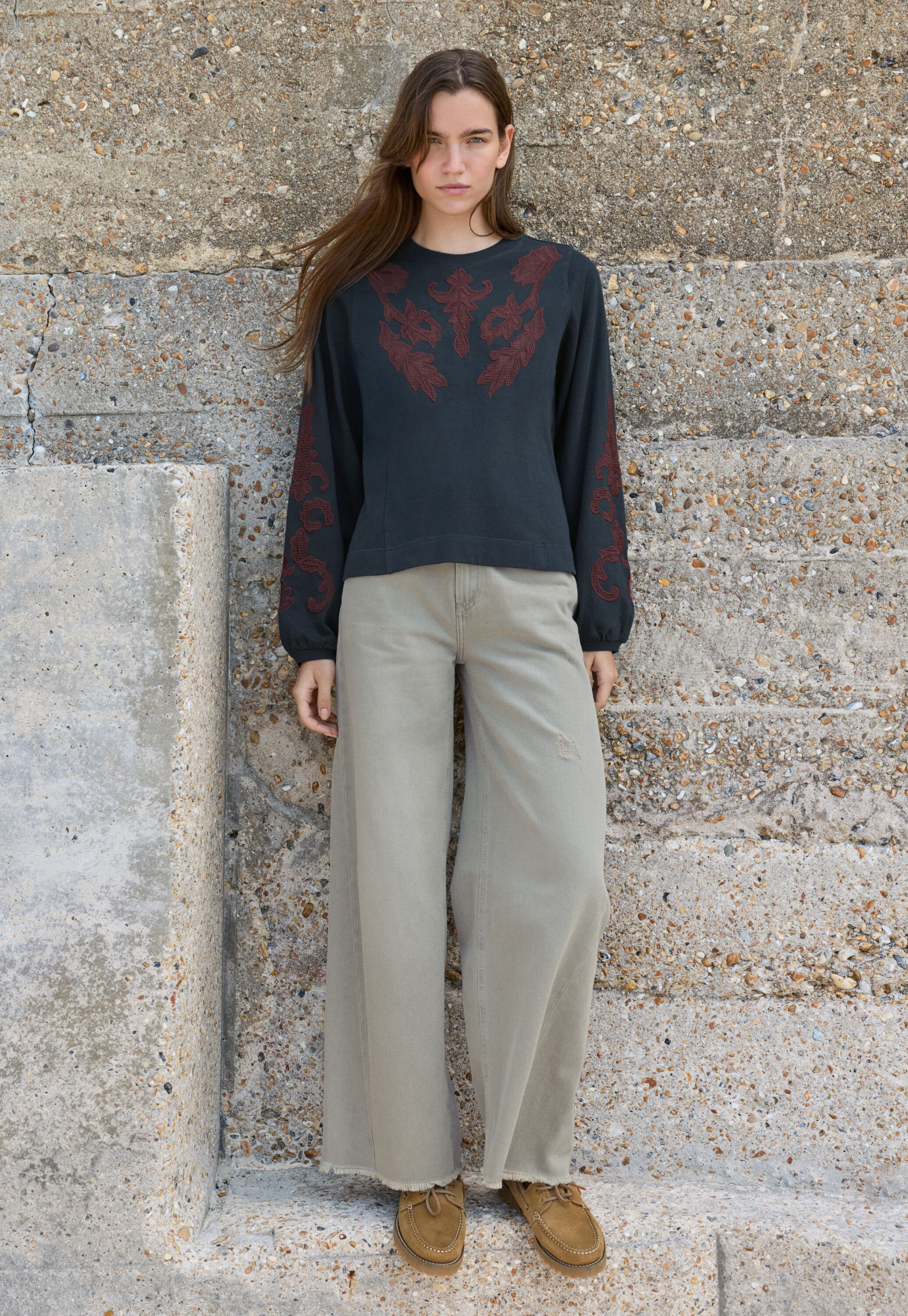 Sweatshirt mit Spitze, Dunkle Tinte, large