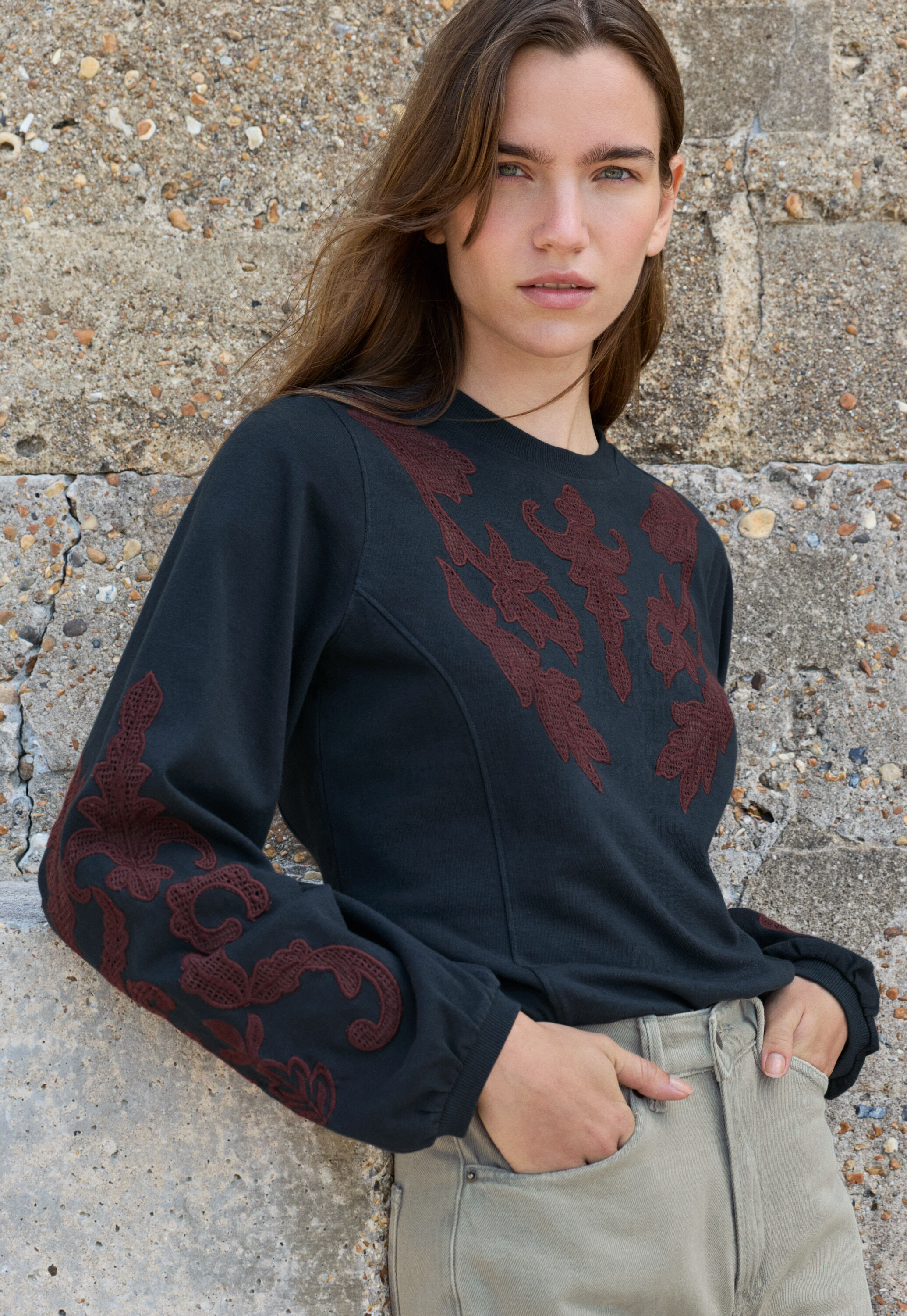 Sweatshirt mit Spitze, Dunkle Tinte, large