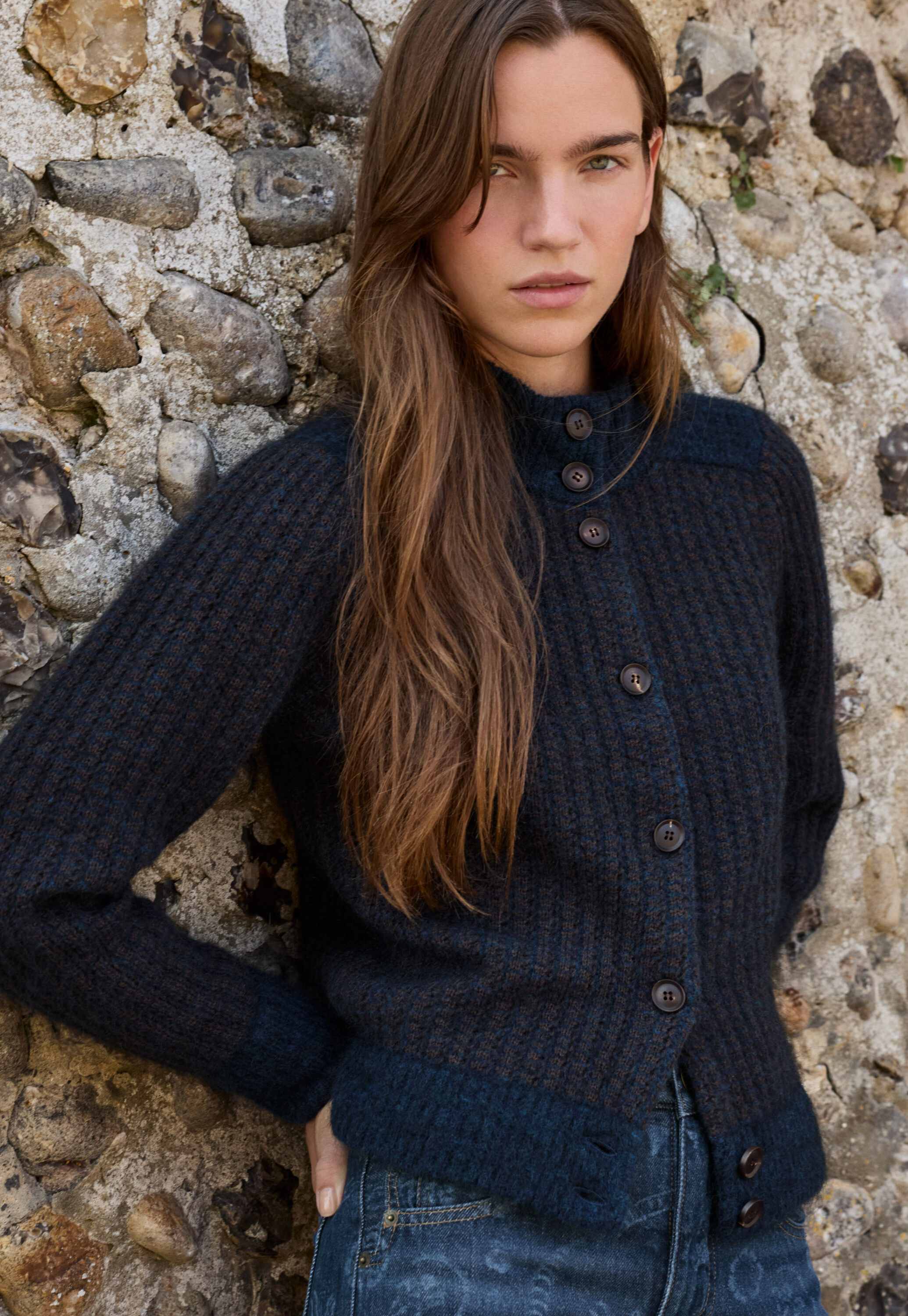 Gestrickte Jacke mit Maschendetails, Mitternacht/Bernstein, large