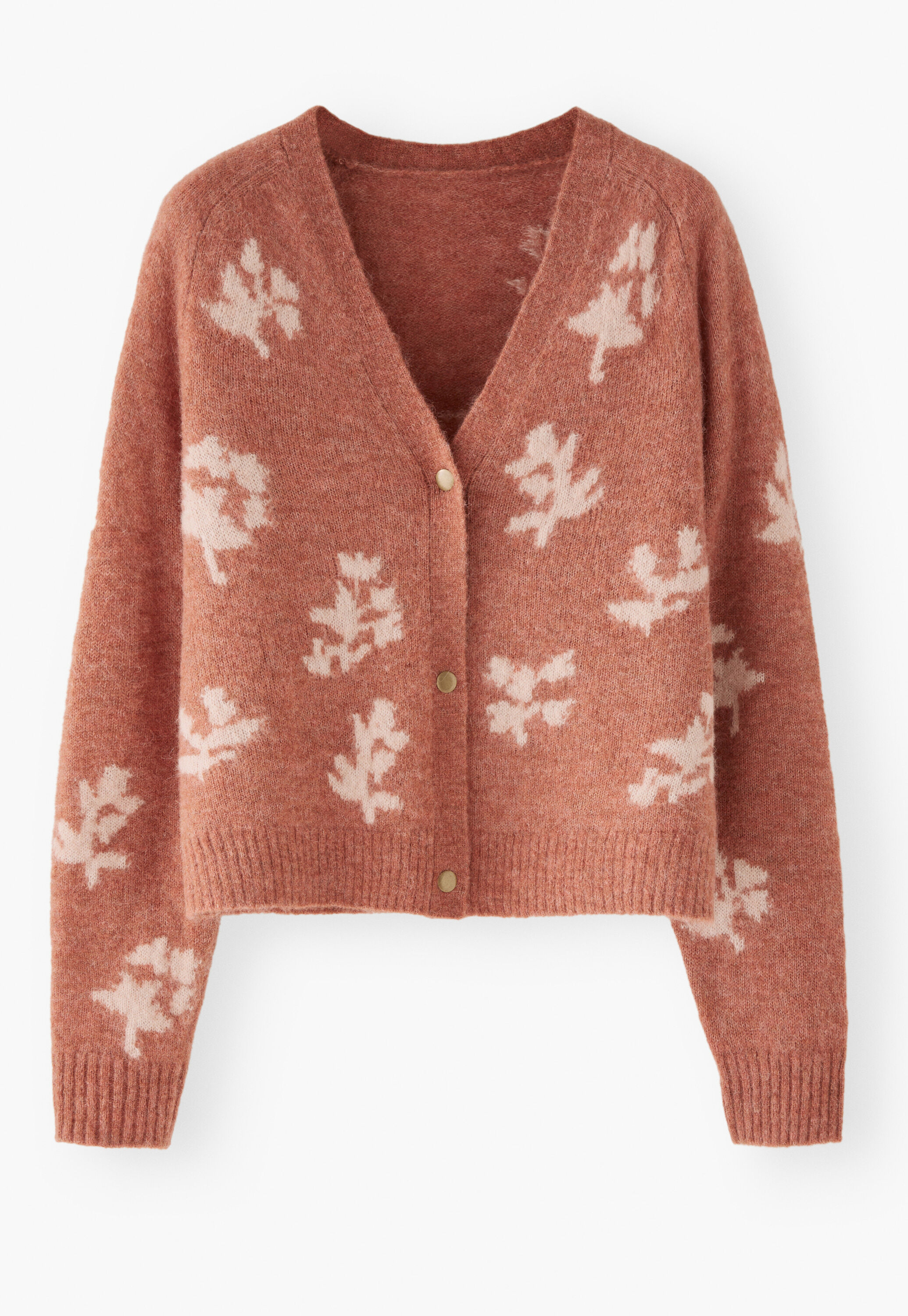 Intarsien-Cardigan mit V-Ausschnitt, Zartes Chili/Rouge, large
