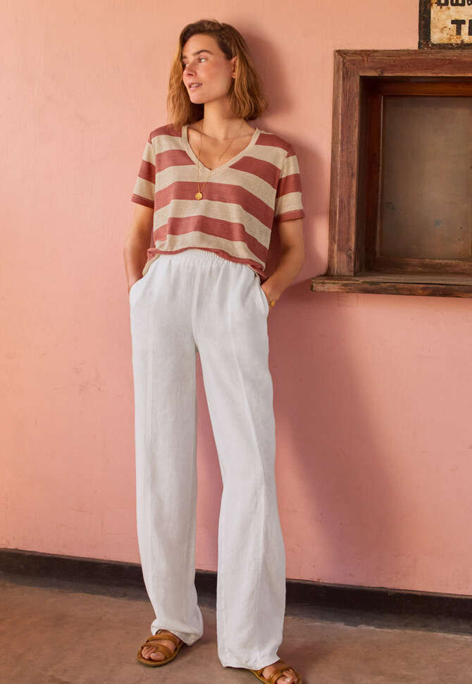 Streifen-T-Shirt mit V-Ausschnitt, Terrakotta/Rouge, completeTheLook