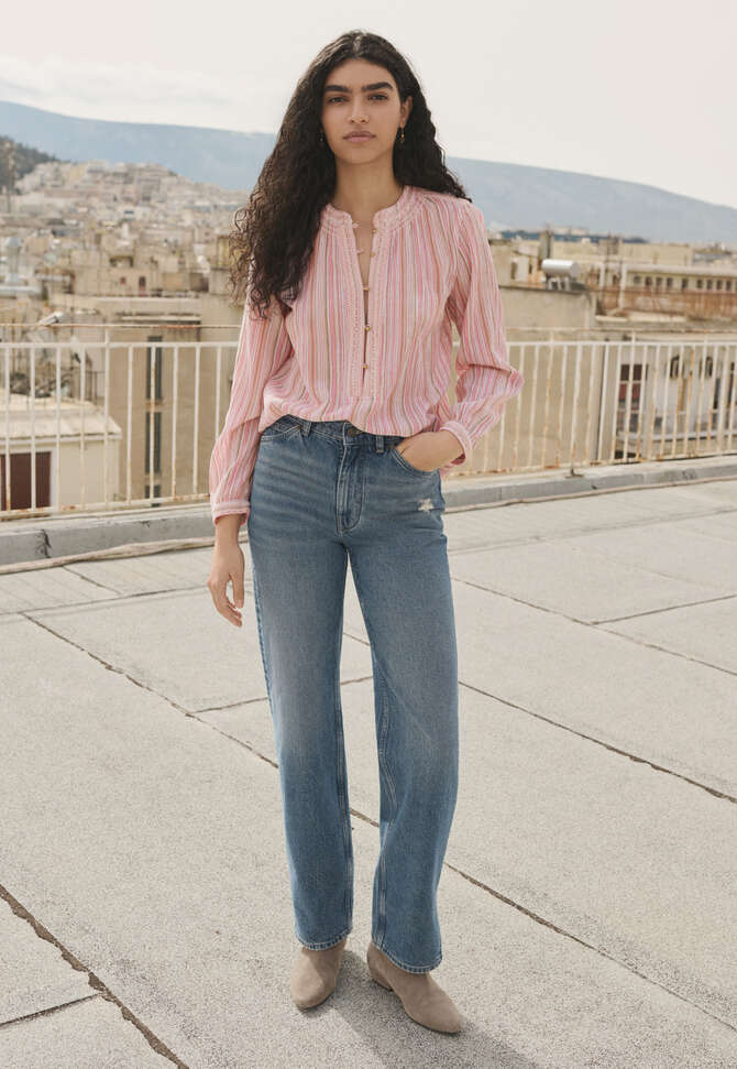 Crinkle-Streifenbluse, Ecru/Rosa, completeTheLook