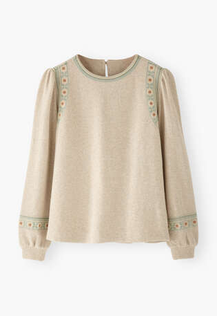 Besticktes Rundhals-Sweatshirt, Ecru, webstill